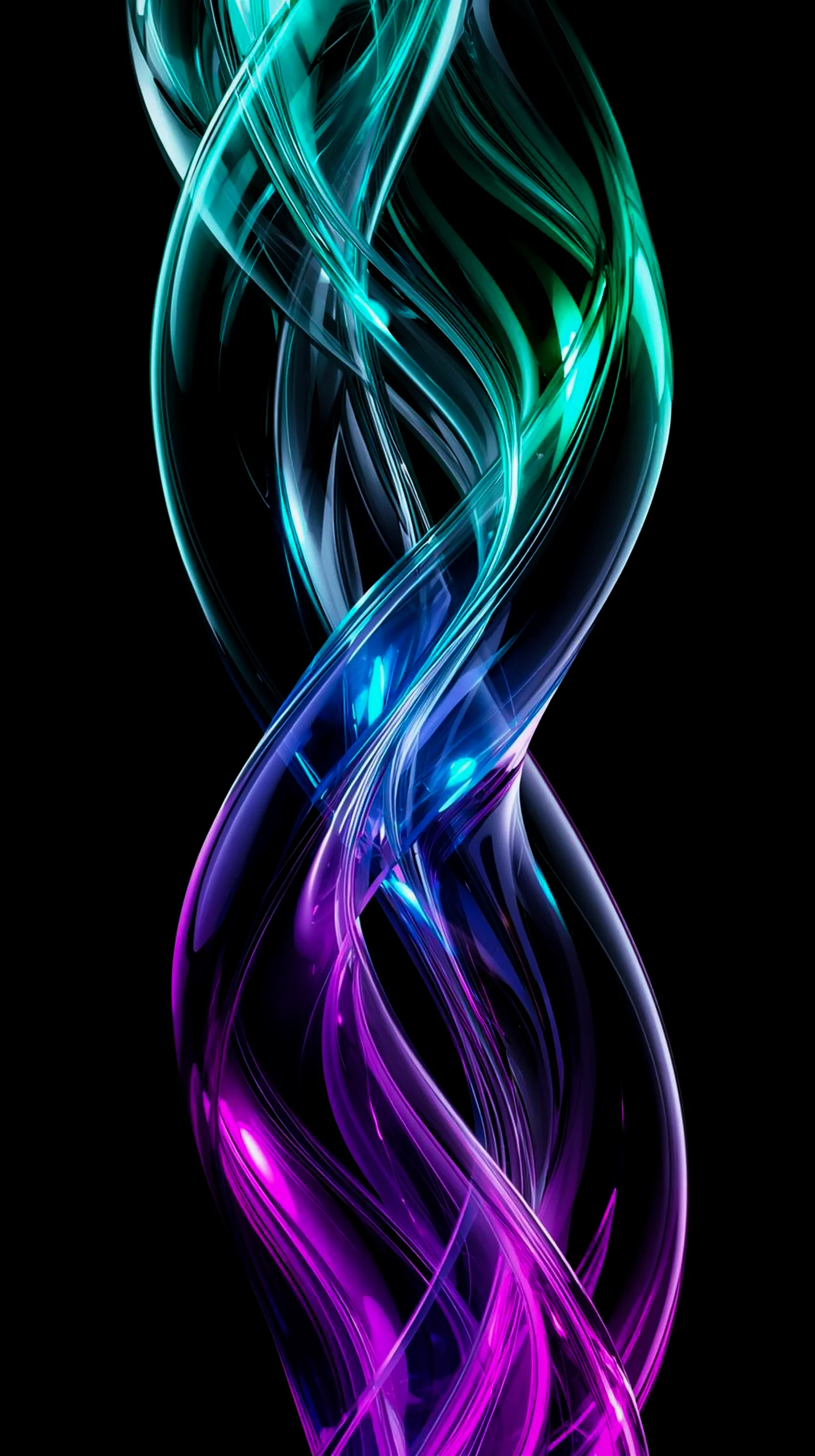 A dark mobile wallpaper featuring swirling, abstract ribbons of teal and purple light against a black background.