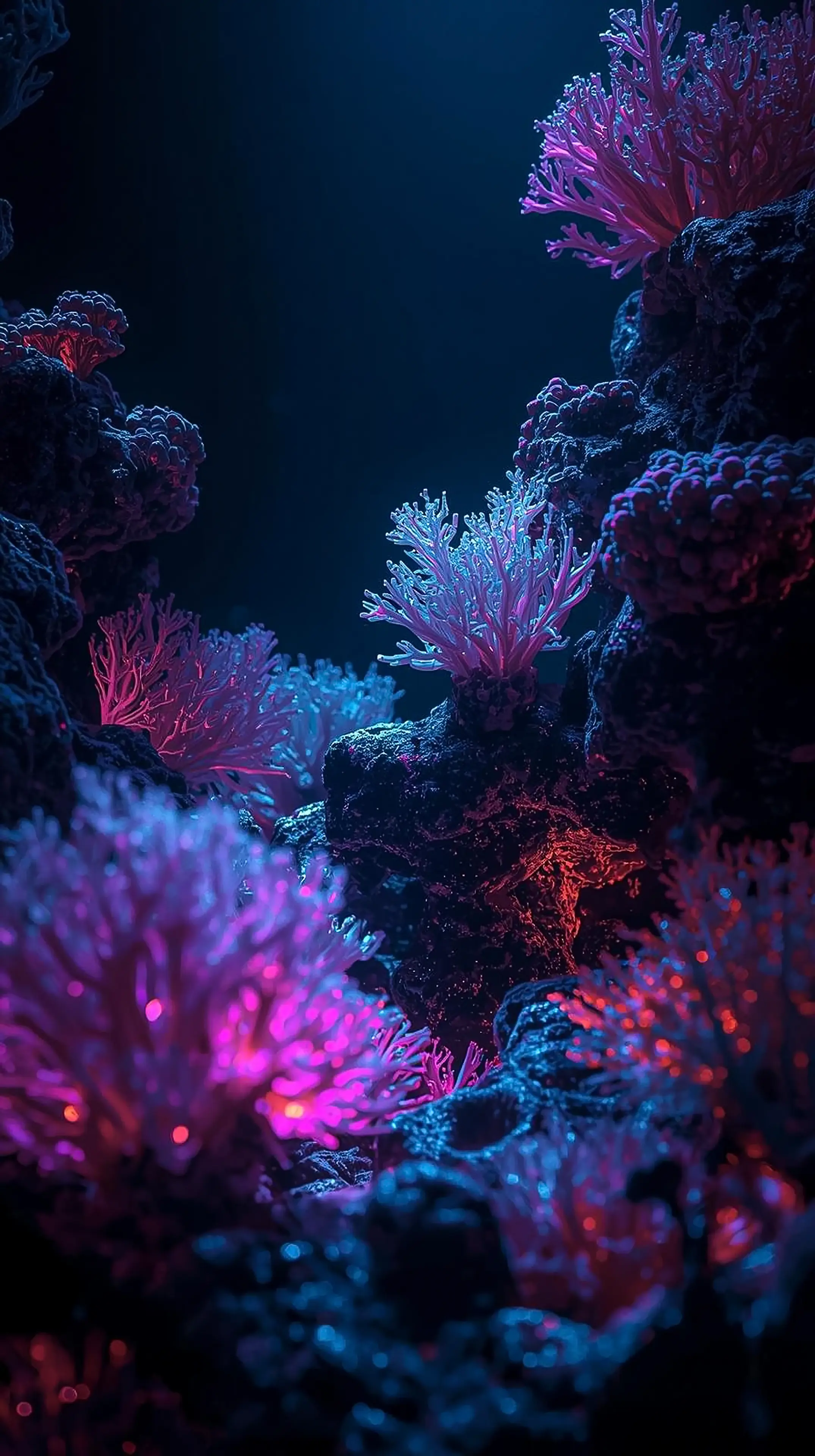 4k wallpaper for mobile Bioluminescent Neon Coral Reef, Vibrant Pink Purple Teal Underwater Glow with Deep Blue Abyss & Magical Aura