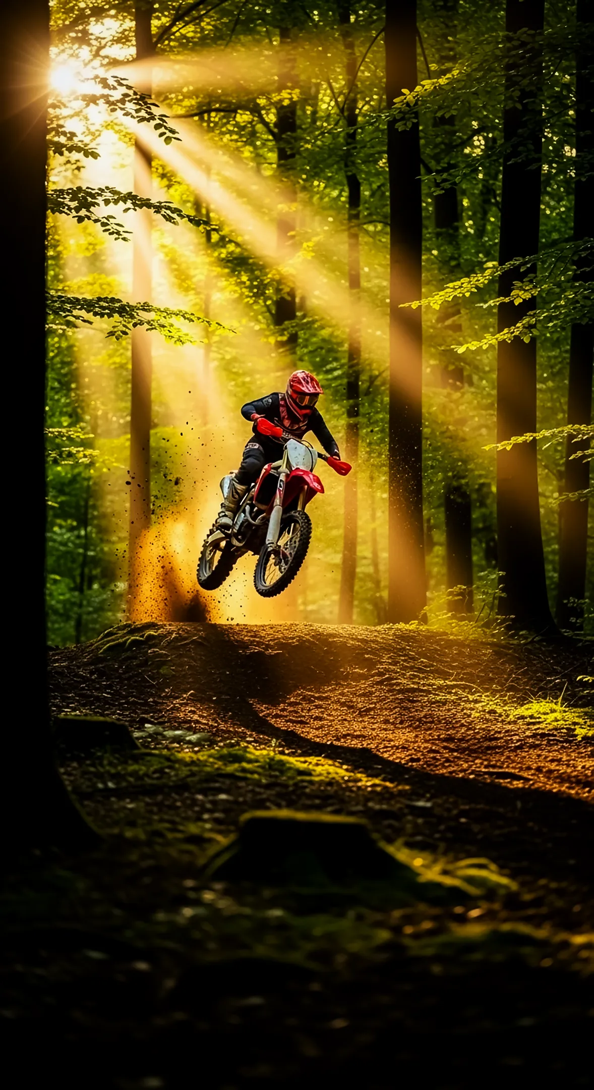 Dirt biker jumping in sunlit forest. Perfect 4k wallpaper for mobile, iphone wallpaper 4k, 4k wallpaper for iphone, and