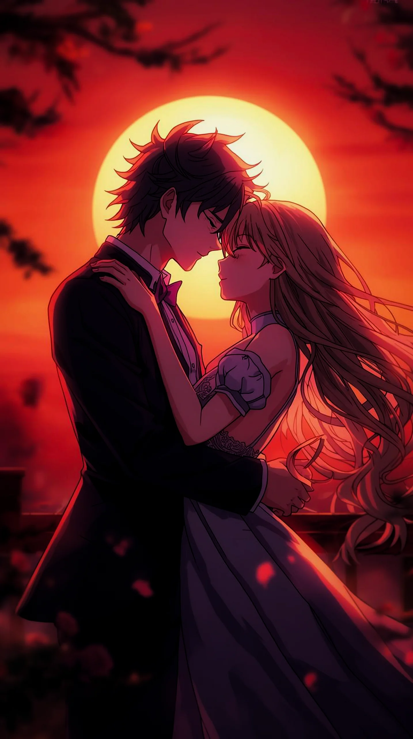 romantic anime couple embracing at sunset wallpaper for mobile 4K