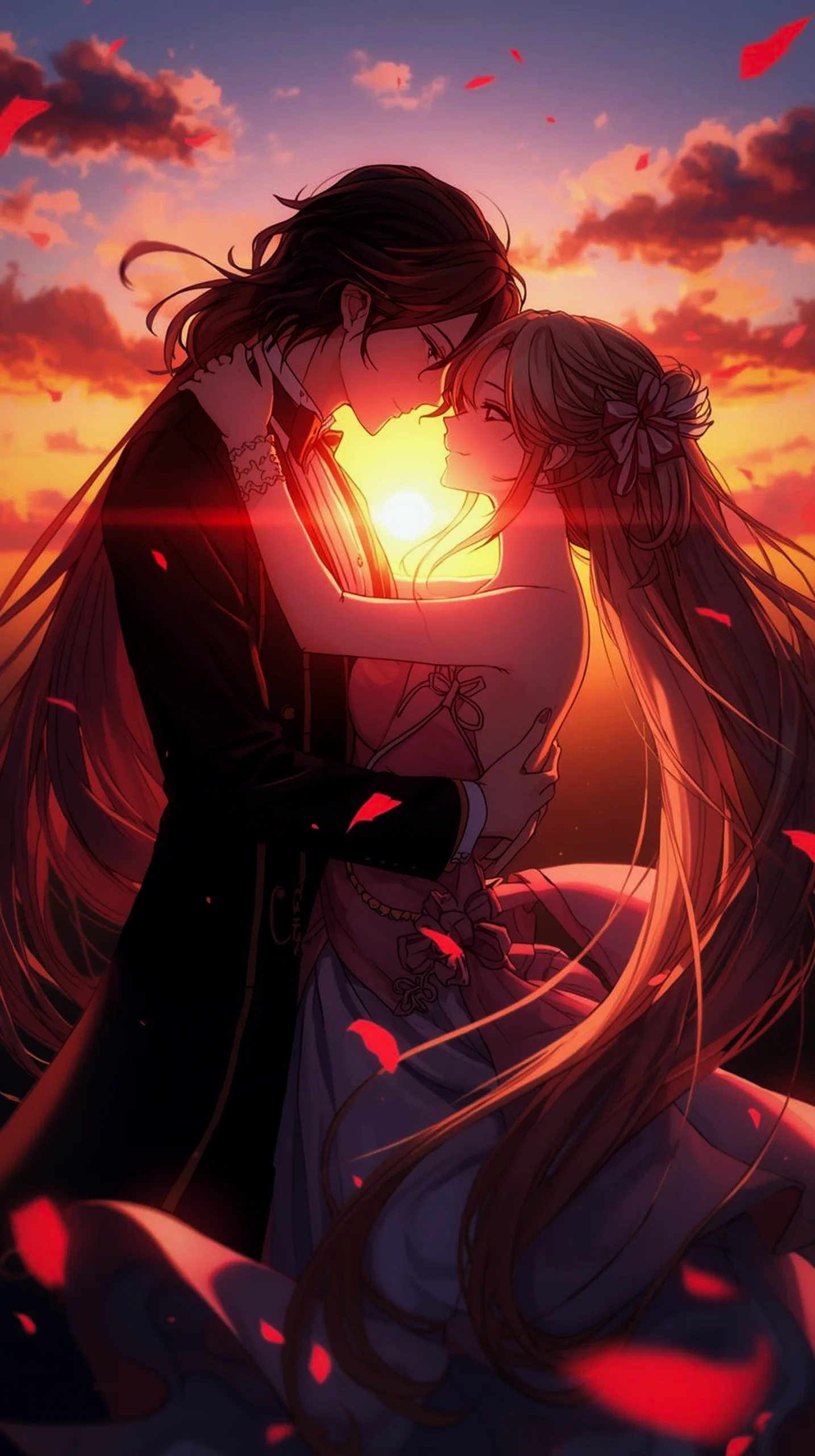 Romantic anime couple at sunset, aesthetic anime phone wallpaper, 4k mobile wallpaper for iPhone and Android