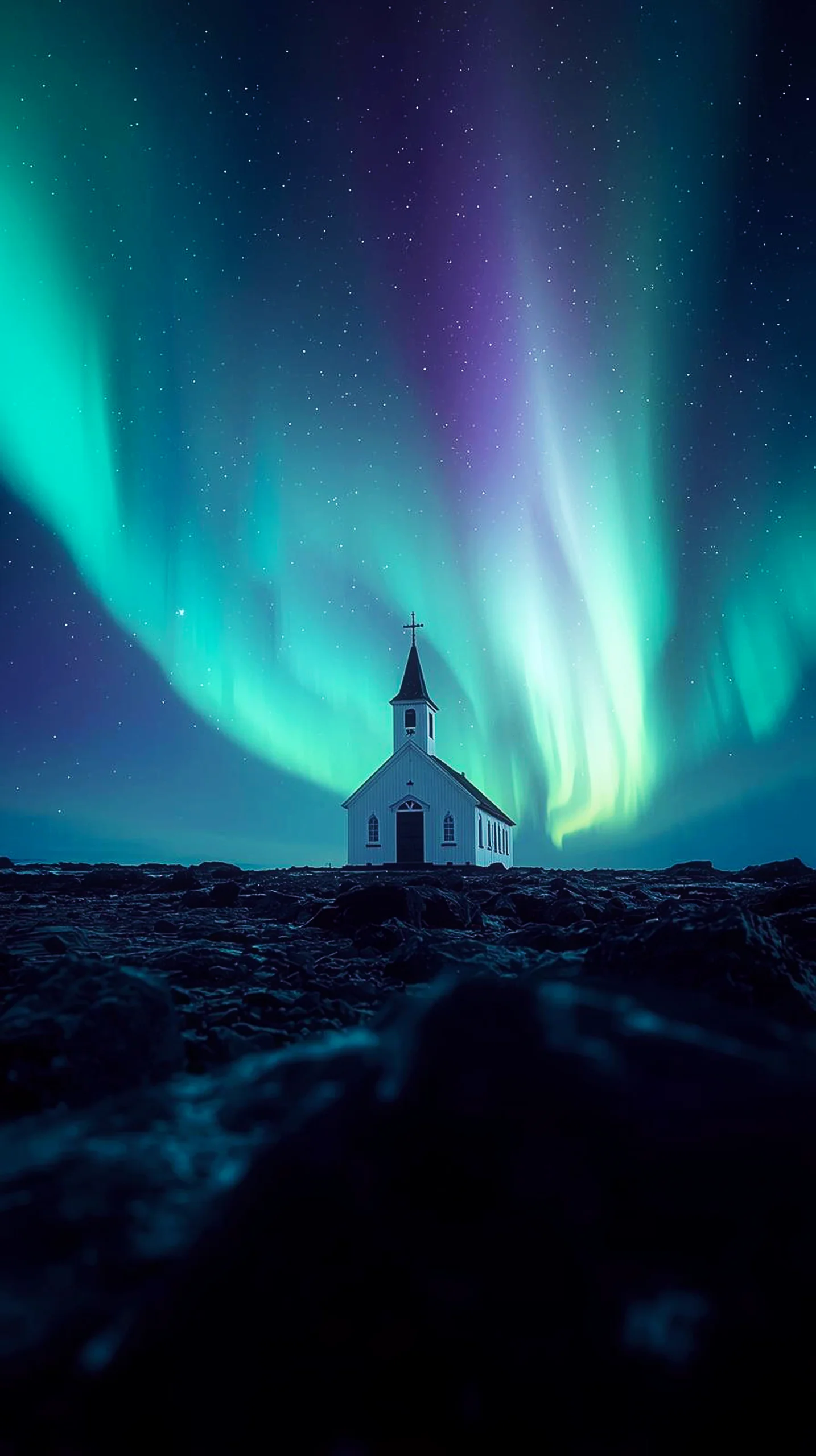 Northern Lights Church 4K Mobile Wallpaper: Ethereal Beauty