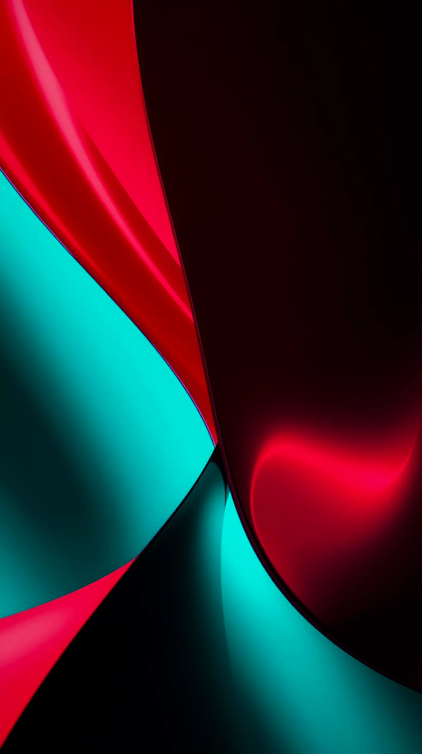 A dark abstract mobile wallpaper with flowing curves of red and teal against a deep black background.