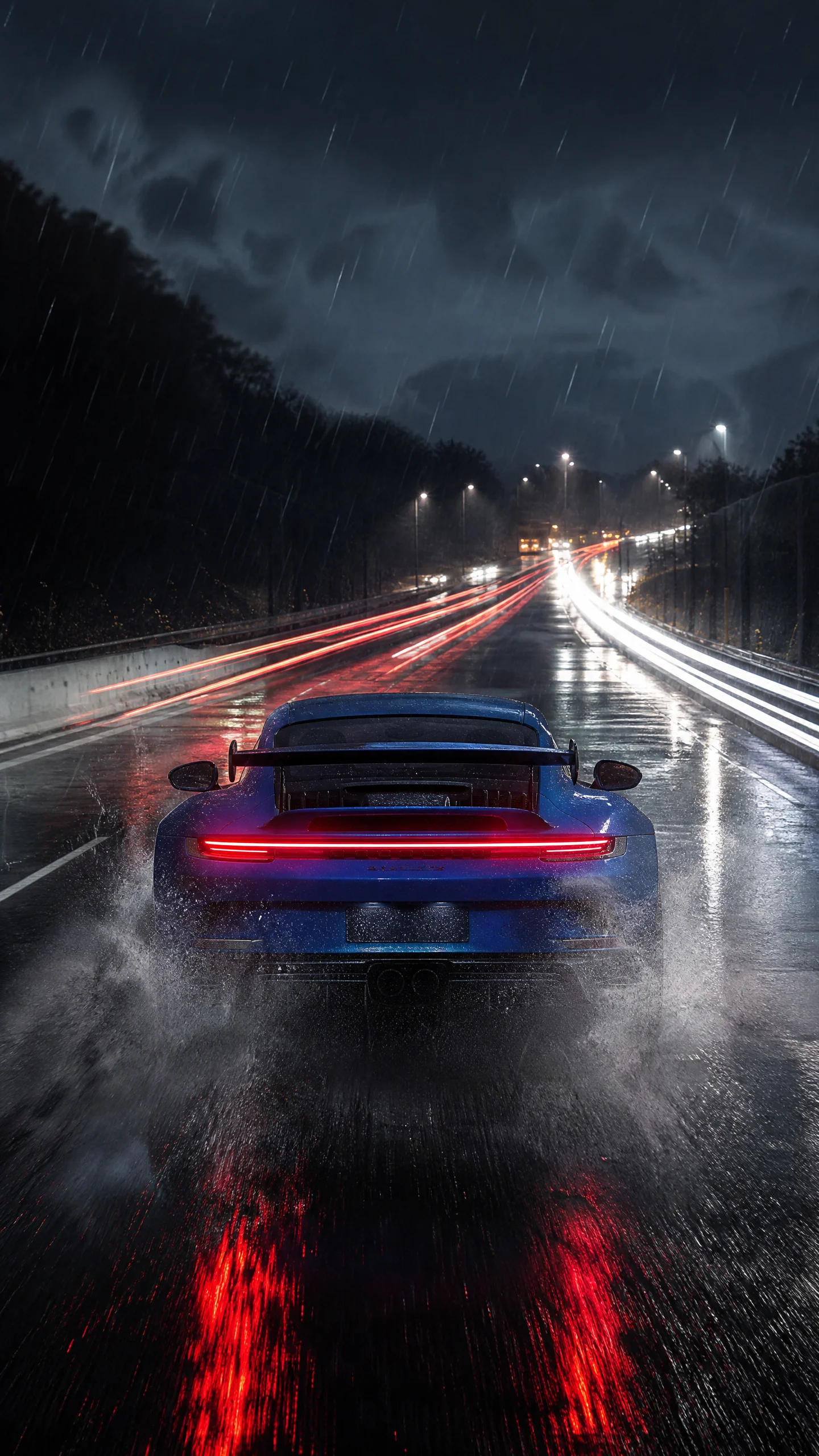 Blue Porsche 911 GT3 RS Speeding on Rainy Highway at Night Blue Porsche 911 GT3 RS speeding on wet highway at night