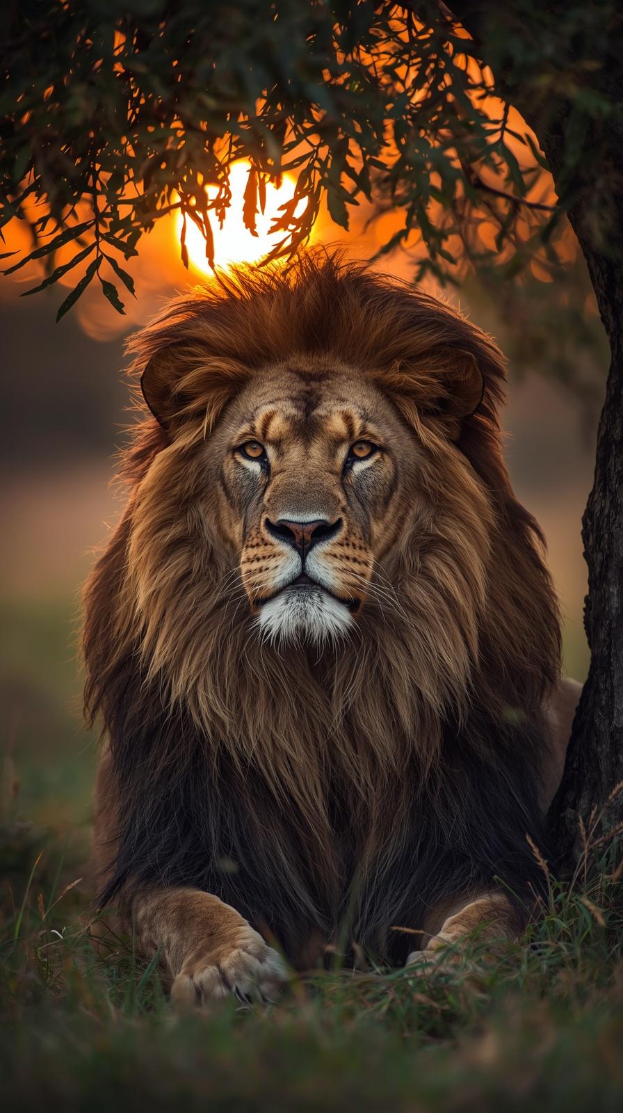 A majestic lion resting under a tree during a beautiful golden sunset.