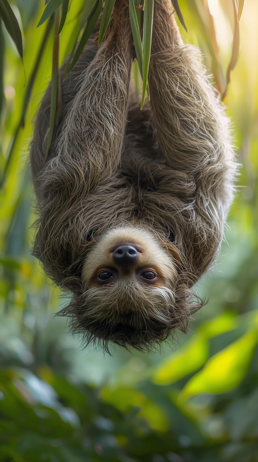 Cute sloth hanging upside down in lush green forest.