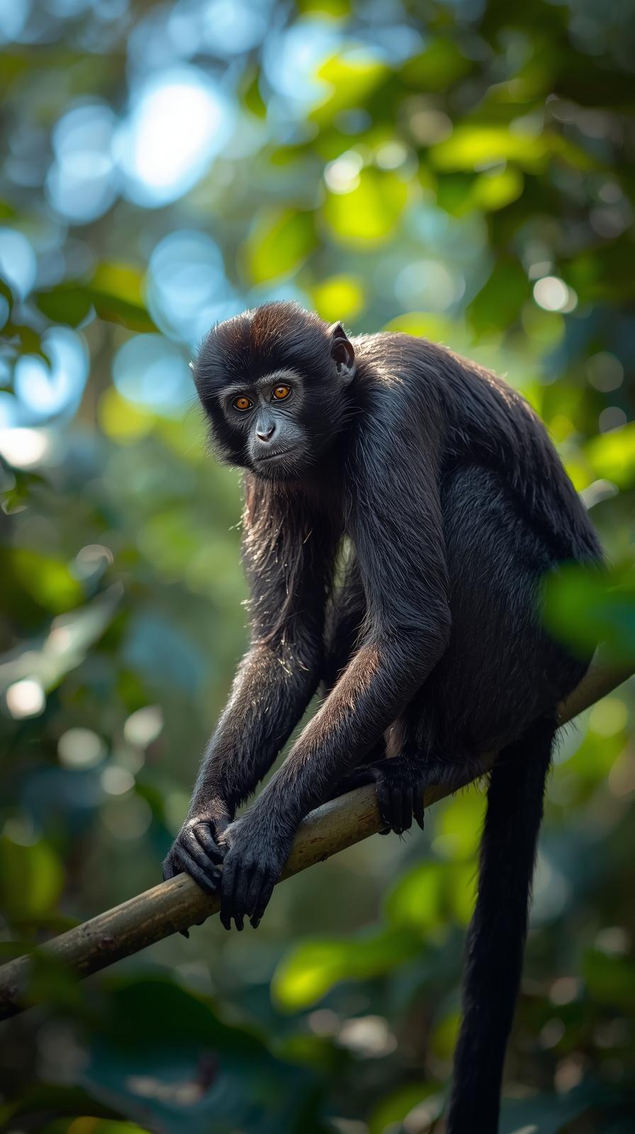 A curious dark monkey sitting on a tree branch in a lush forest.