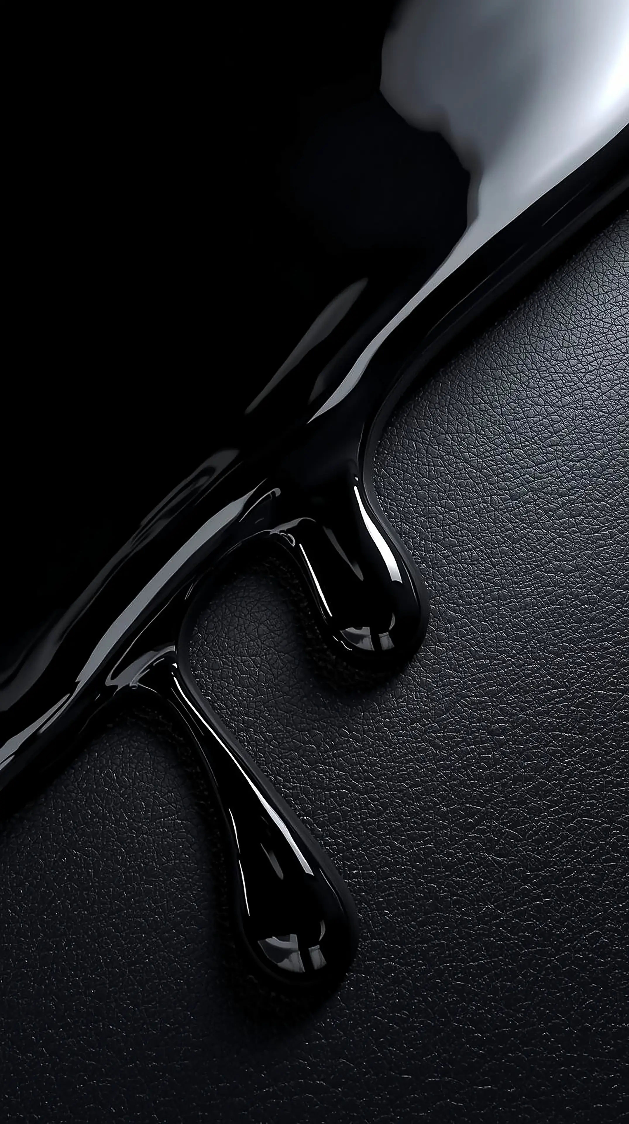 4k wallpaper for mobile Glossy Black Liquid Drips on Leather, Luxurious Shiny Ink Flow & Melting Chrome Droplets on Dark Textured Background
