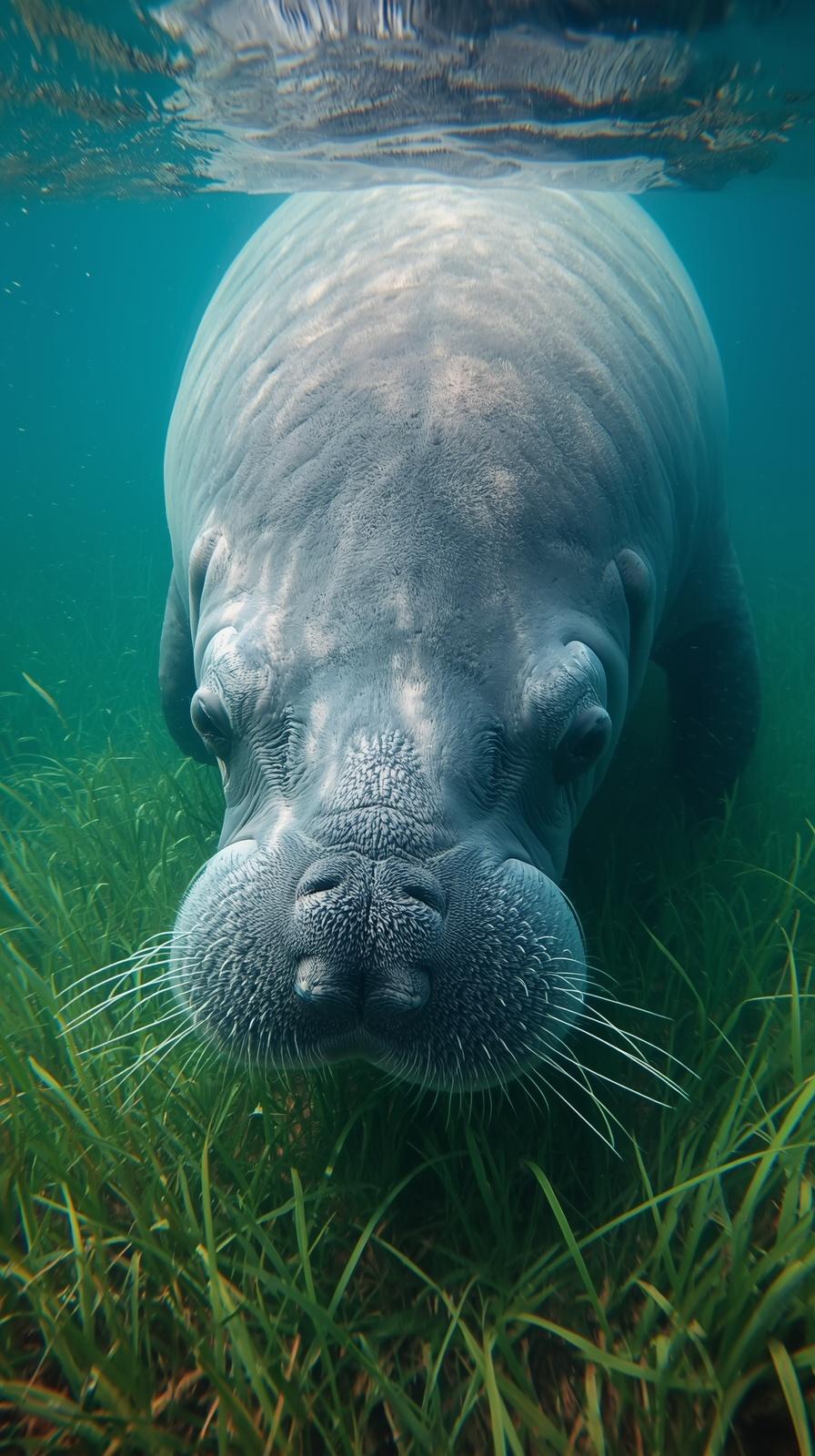A gentle manatee swimming gracefully through green seagrass in clear blue ocean waters.