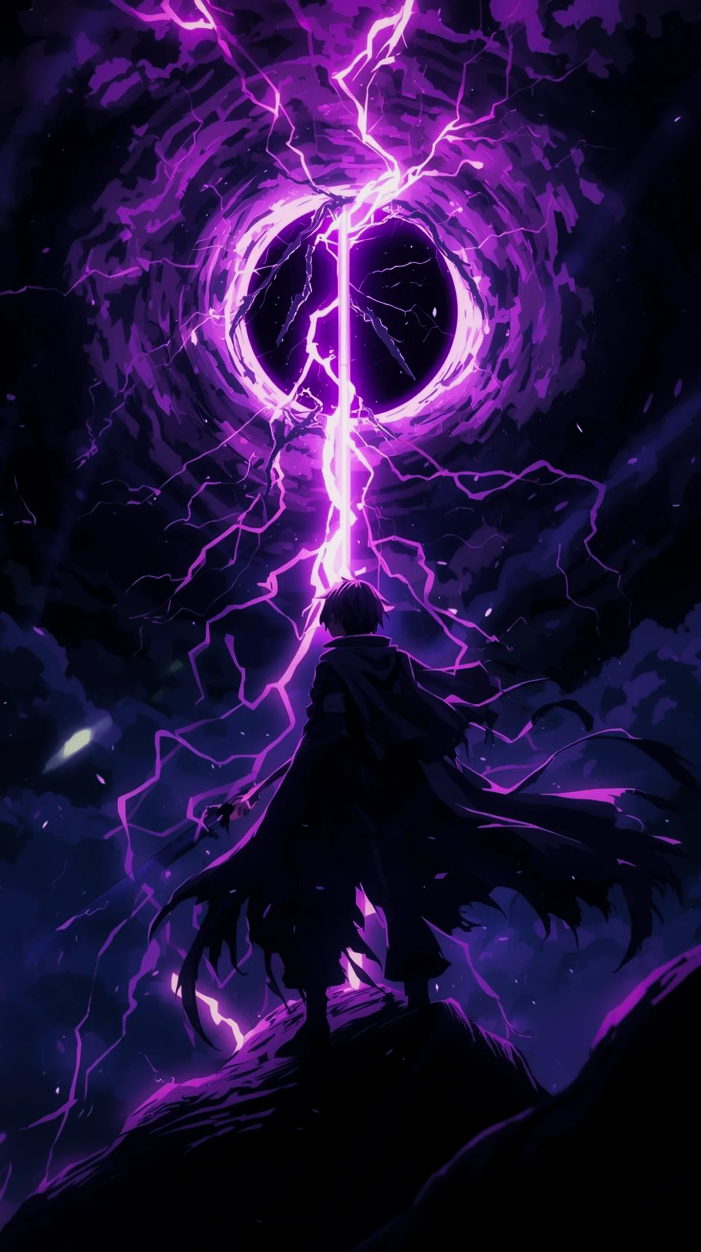 dark anime warrior with purple lightning wallpaper for phone 4K