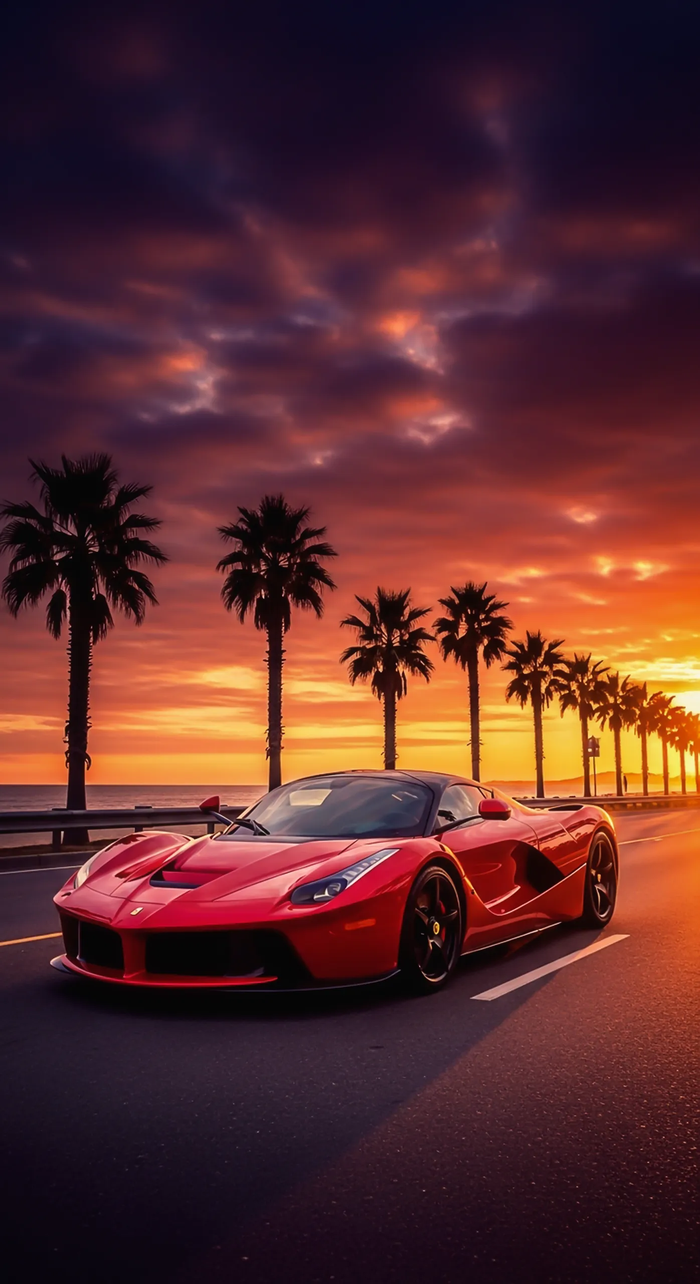 Red Ferrari car iPhone wallpaper, car wallpaper 4k for mobile driving on a coastal road at sunset.