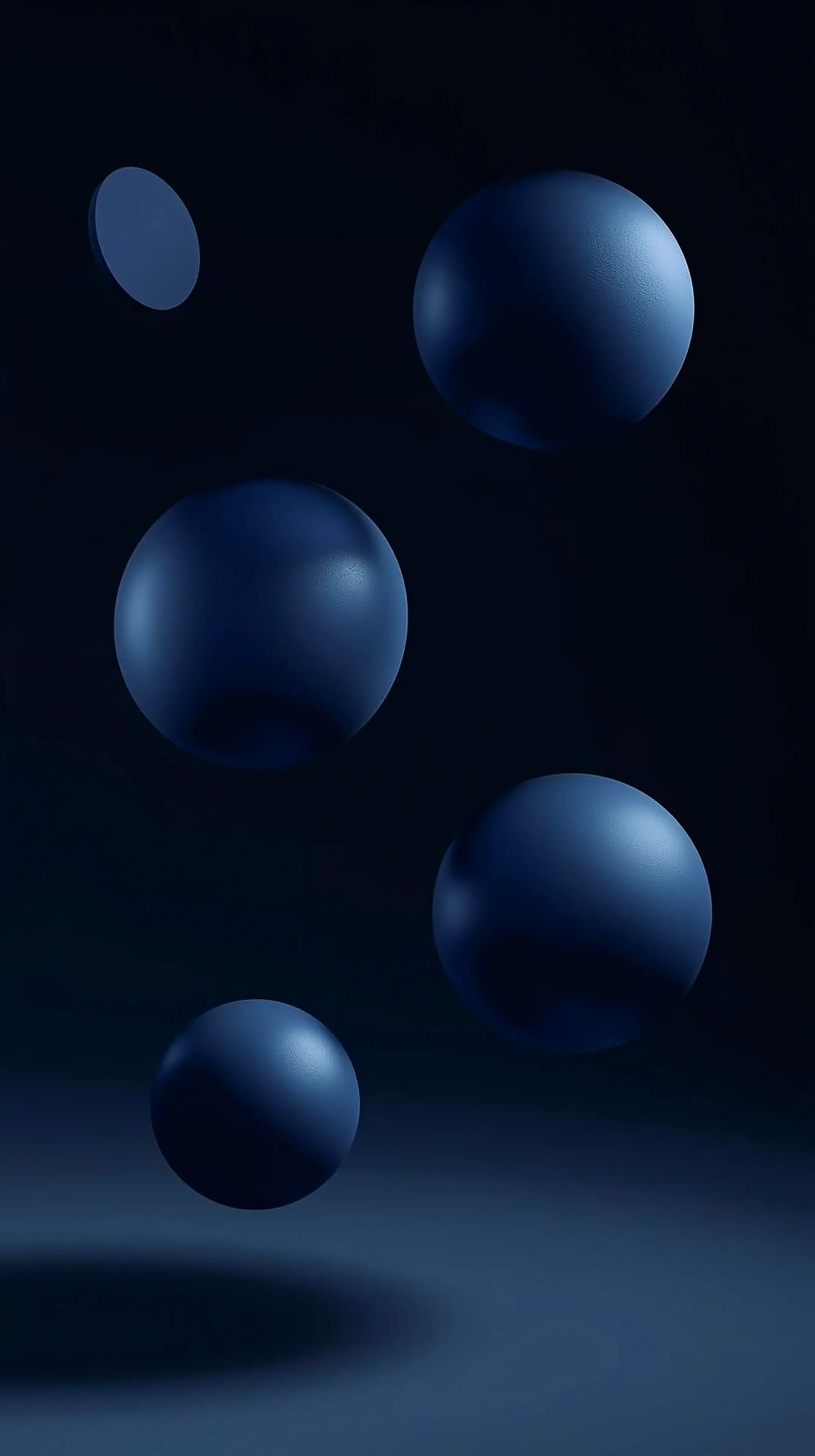4k wallpaper for mobile Floating Matte Navy Blue Spheres, Minimalist 3D Geometric Orbs on Deep Dark Background with Soft