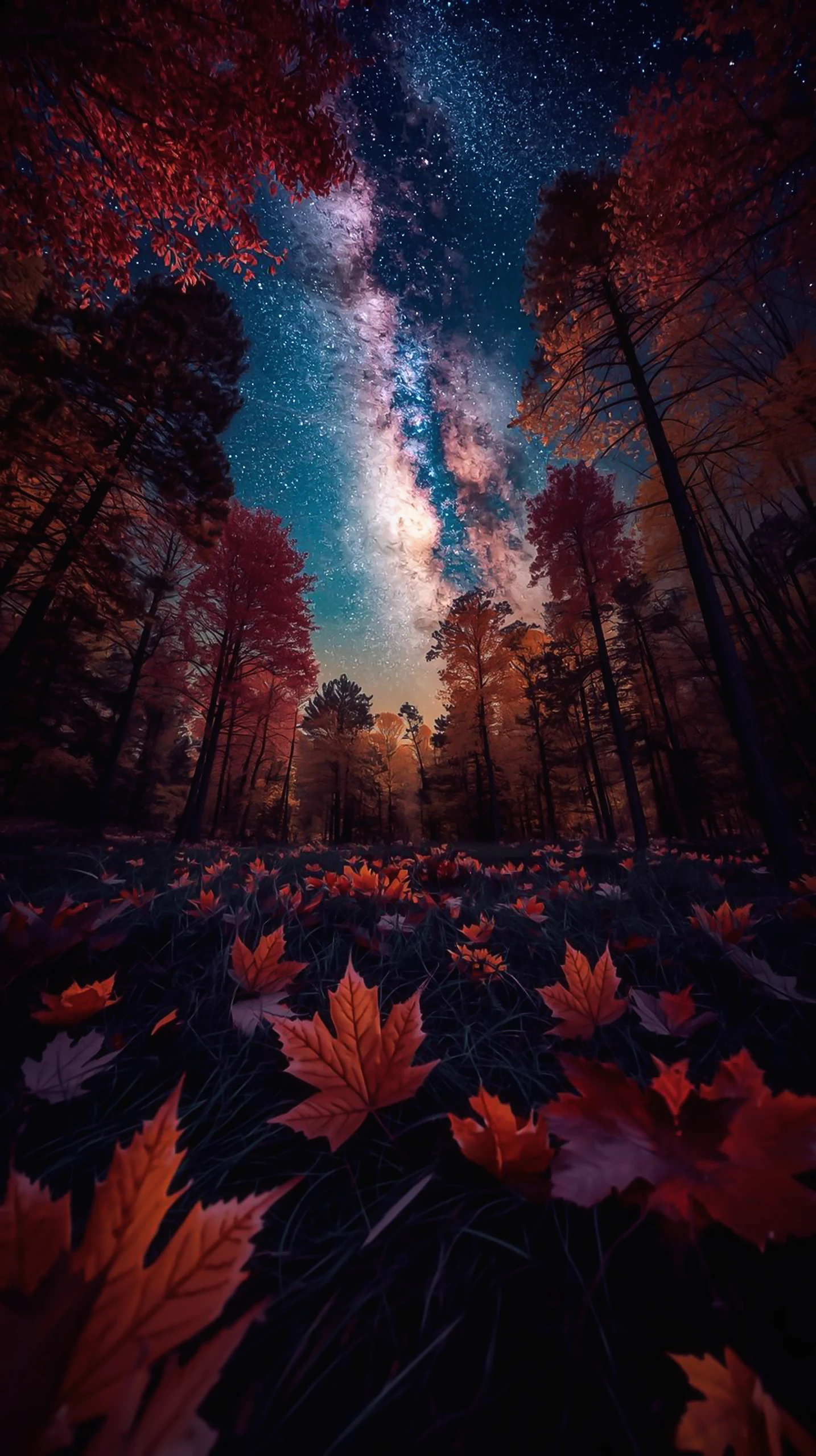 Autumn Forest Under a Starry Milky Way Night Sky