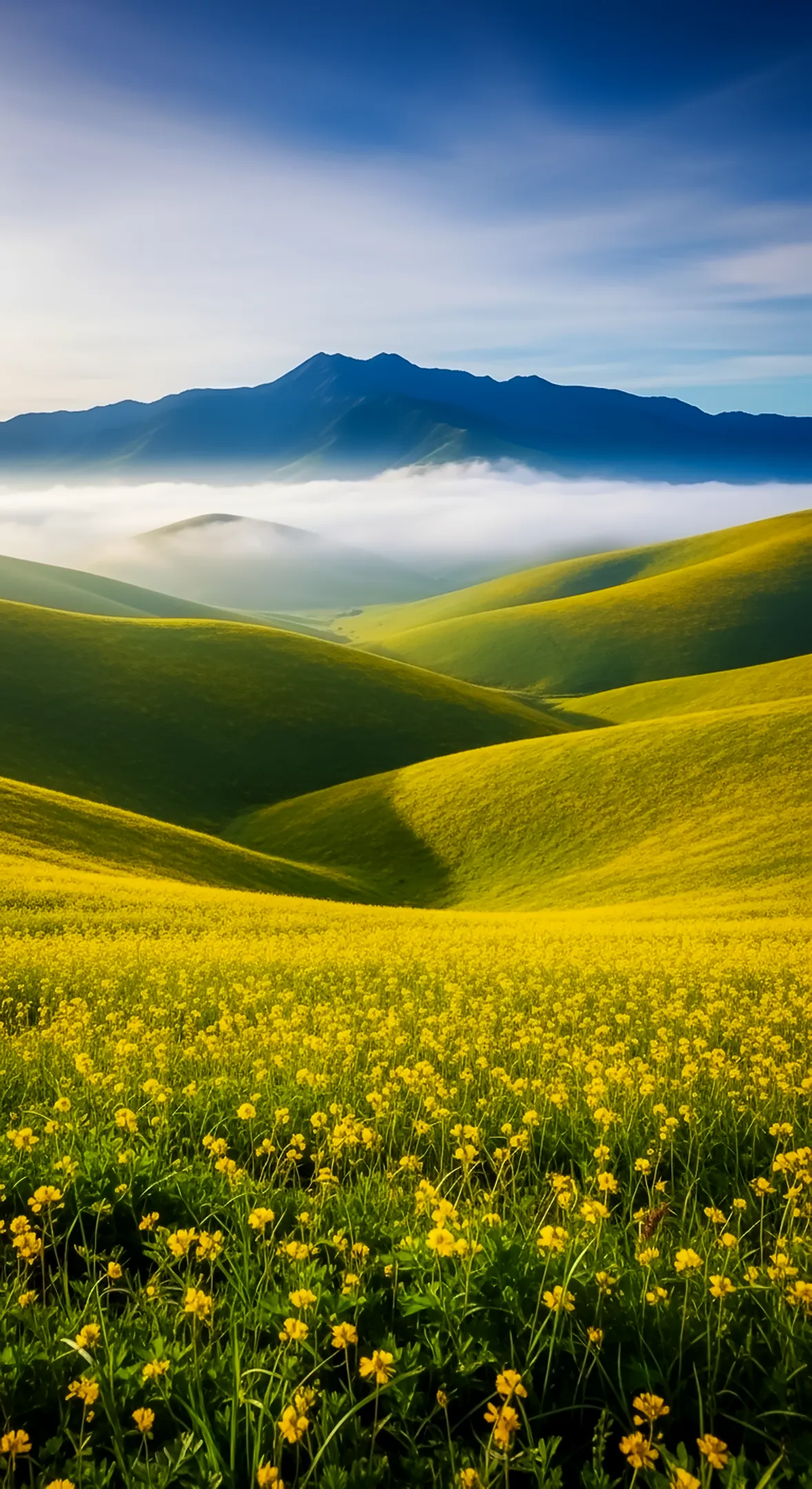 A captivating flower background for iPhone featuring a field of yellow flowers leading to rolling green hills and