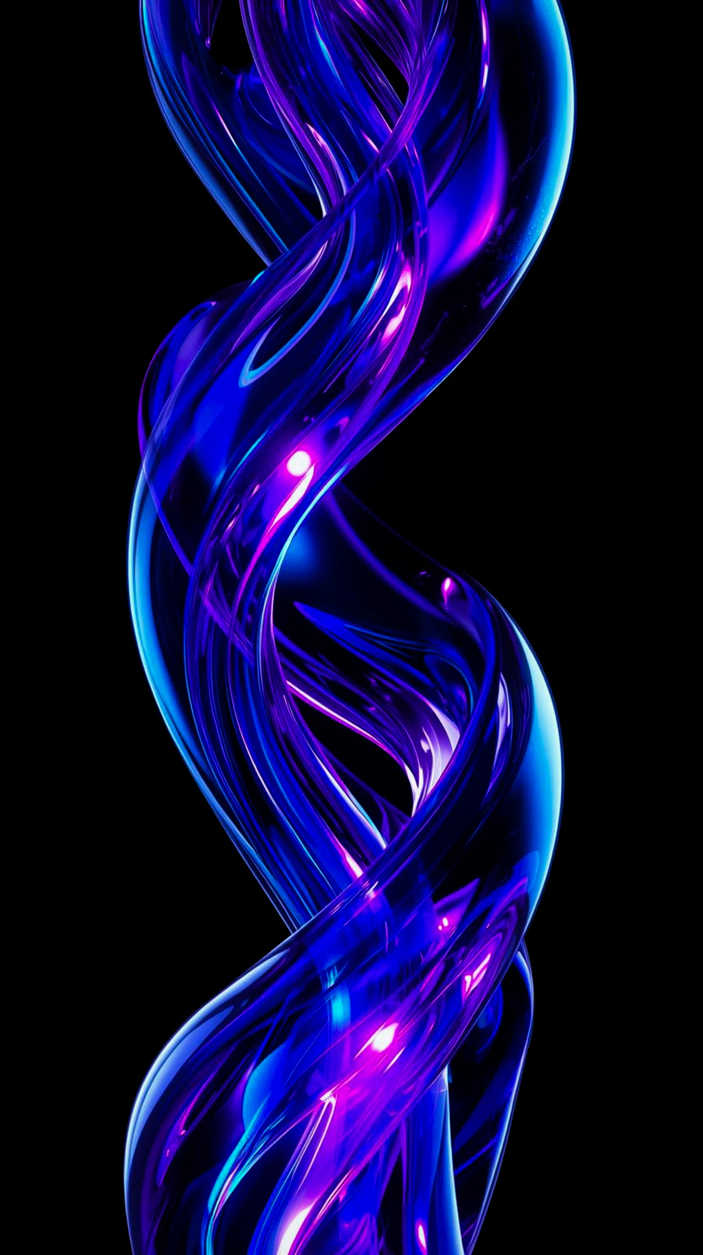 A dark AMOLED mobile wallpaper featuring abstract, glowing blue and purple swirling lines against a deep black