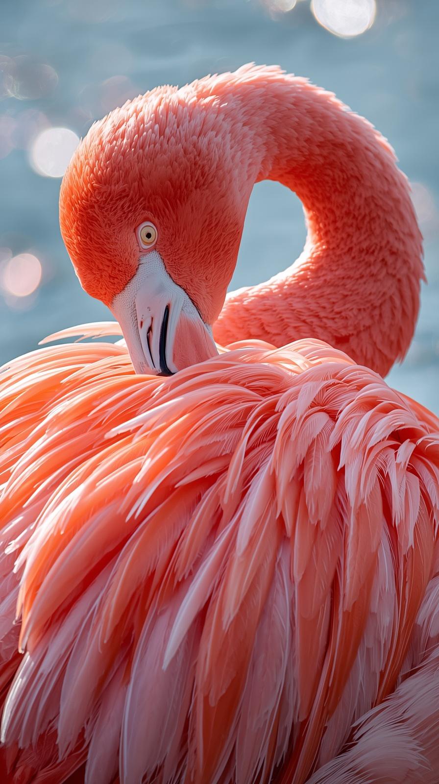 A beautiful vibrant pink flamingo against a soft teal aquatic background for mobile wallpaper.