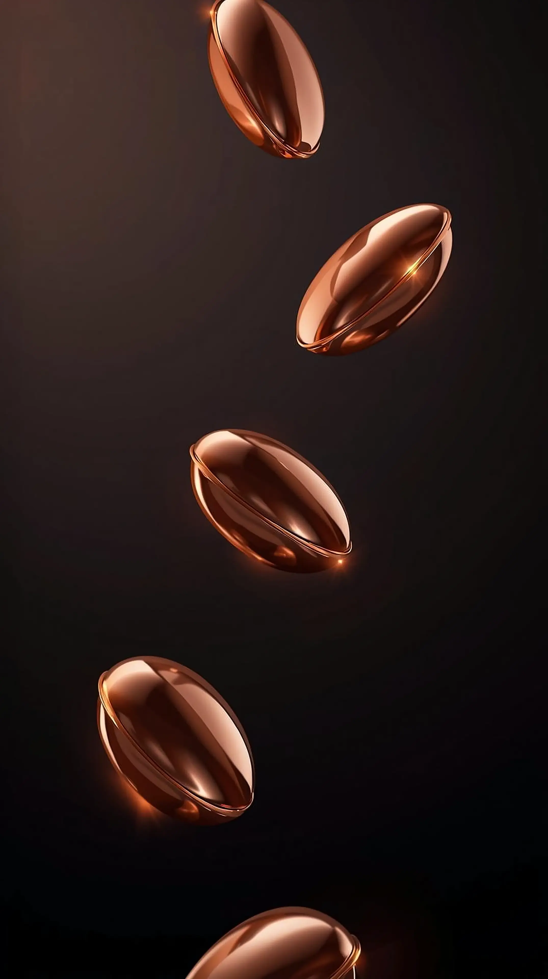 4k wallpaper for mobile Floating Copper Capsules Glow, Luxurious Metallic Oval Pills with Warm Bronze Shine and Dramatic Dark Background
