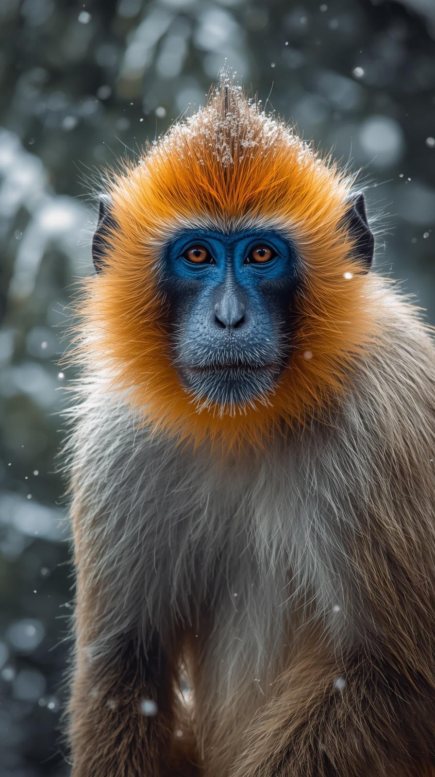 Close-up portrait of a monkey with orange fur and blue face in snow.