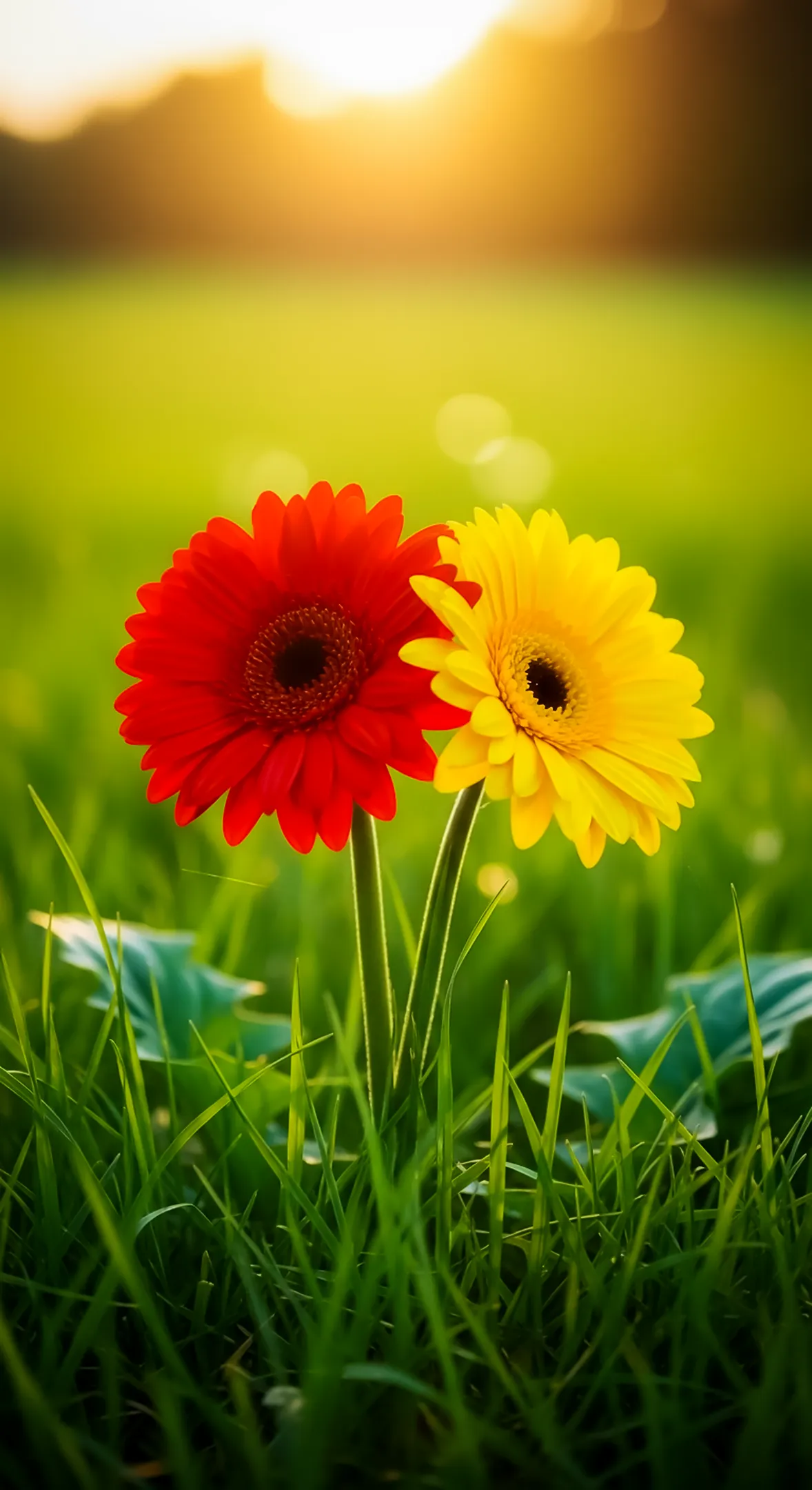A close-up of two gerbera daisies, one red and one yellow, in lush green grass. This is a beautiful flower background