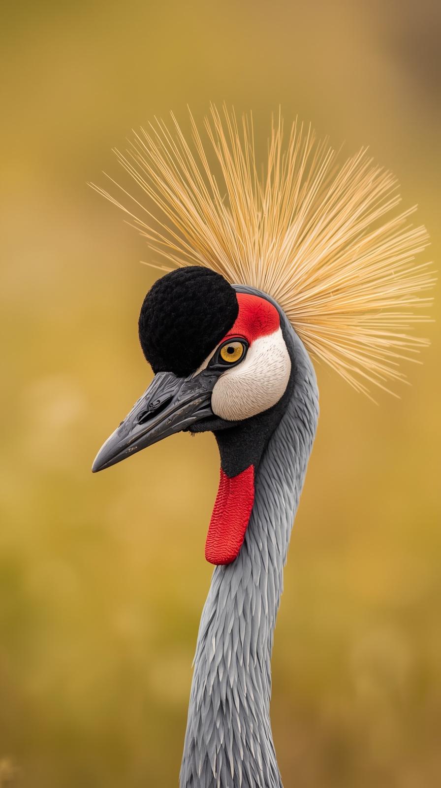 Elegant Grey Crowned Crane with golden crest and red wattle.
