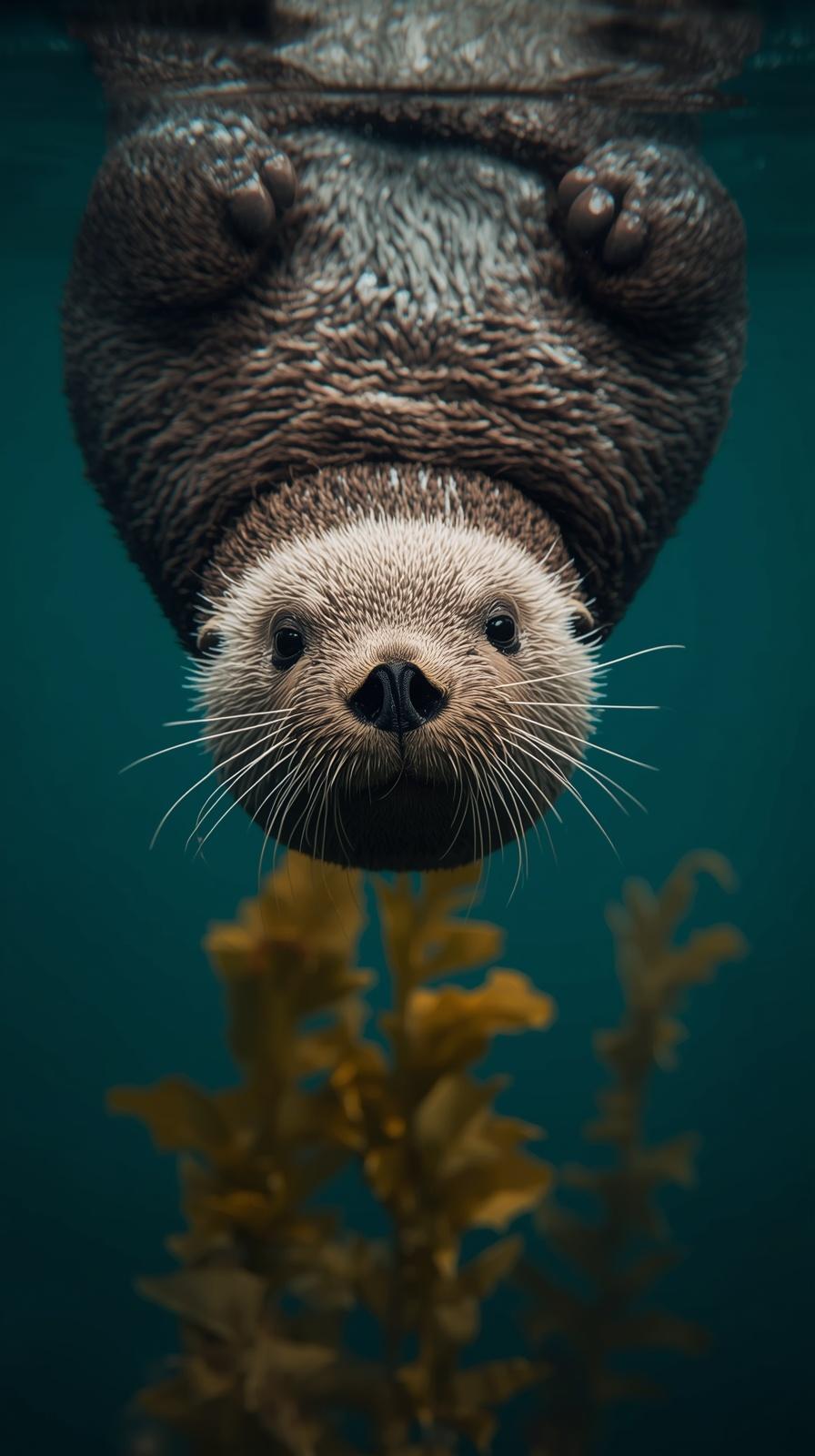 Close up of an adorable sea otter swimming upside down in dark blue water
