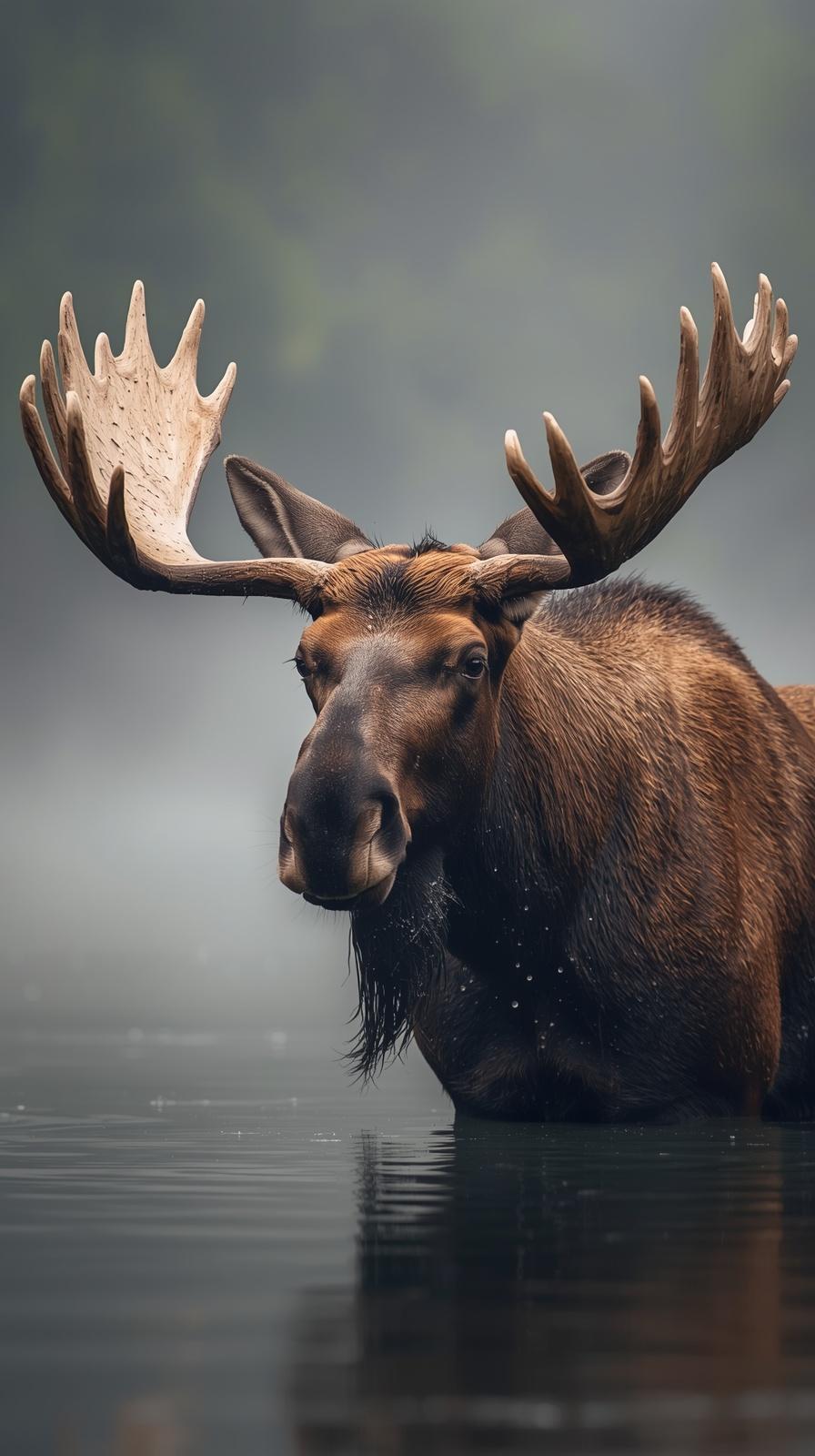 Majestic moose in misty water with large antlers, serene nature wallpaper.
