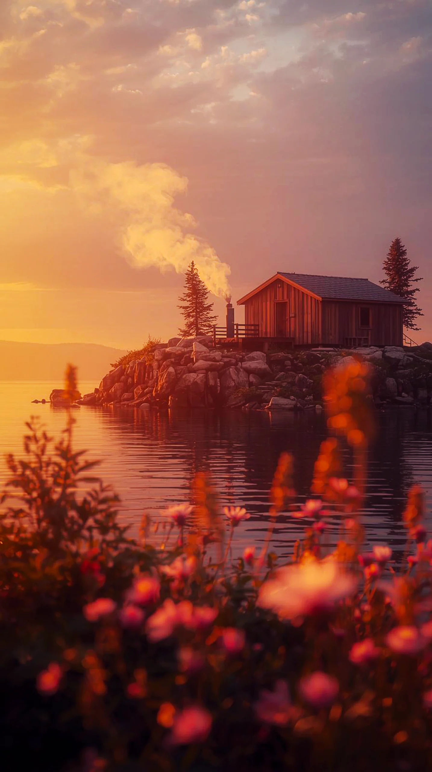 Cute 4K iPhone wallpaper of a sunset cabin, perfect 4K wallpaper for mobile, wallpaper for phone, 4K backgrounds iPhone.