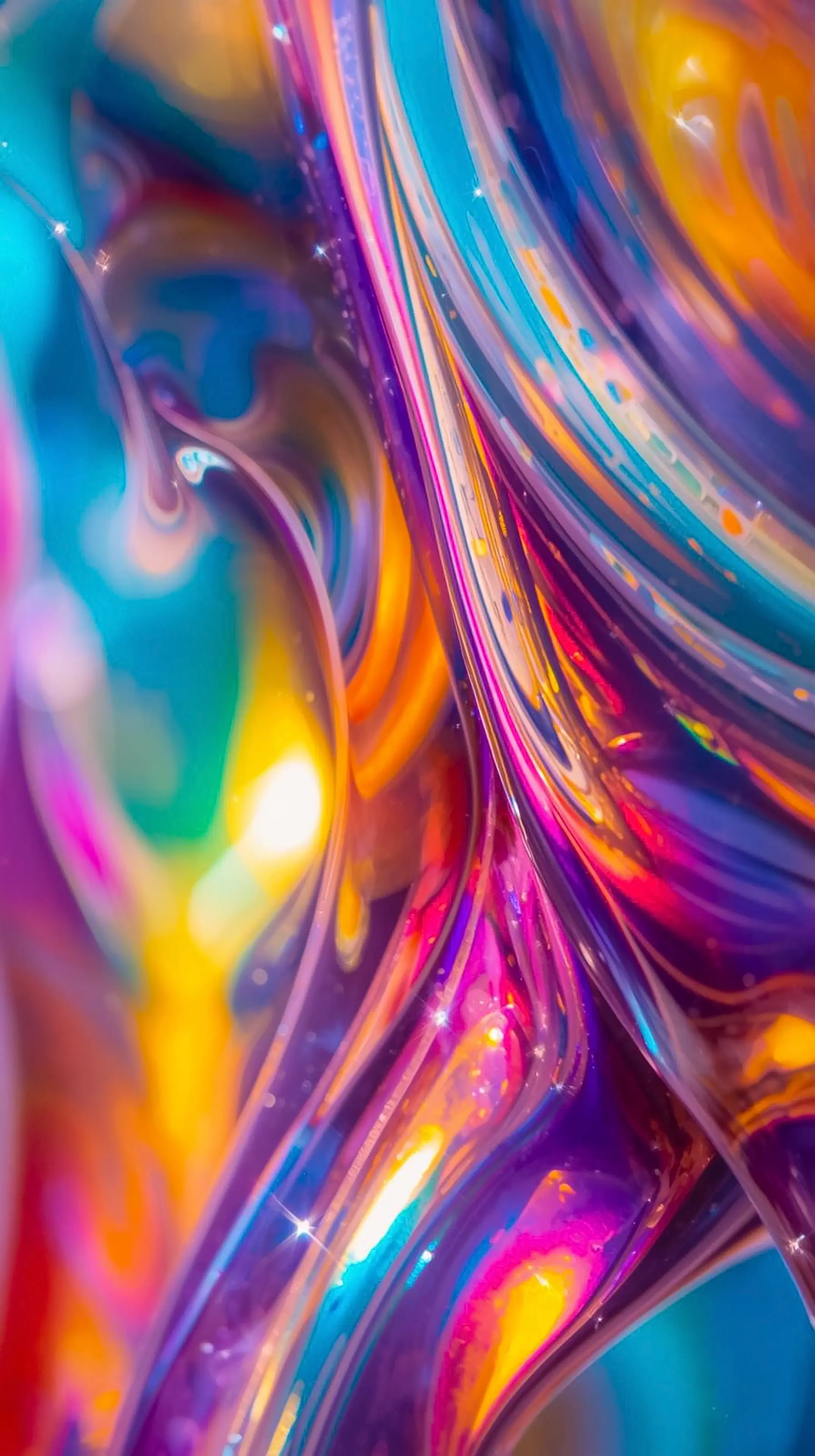 4k wallpaper for mobile Vibrant Iridescent Fluid Swirls, Psychedelic Rainbow Marble Background with Glossy Colorful Waves Blue Pink Purple Orange Sparkles