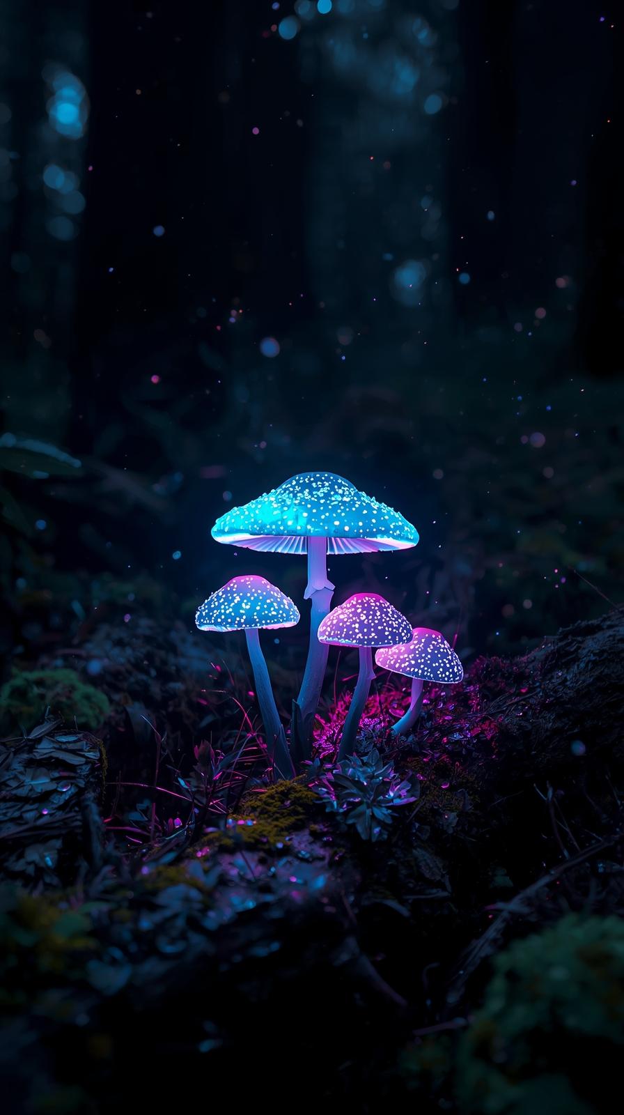 Bioluminescent mushroom forest at midnight after rain
