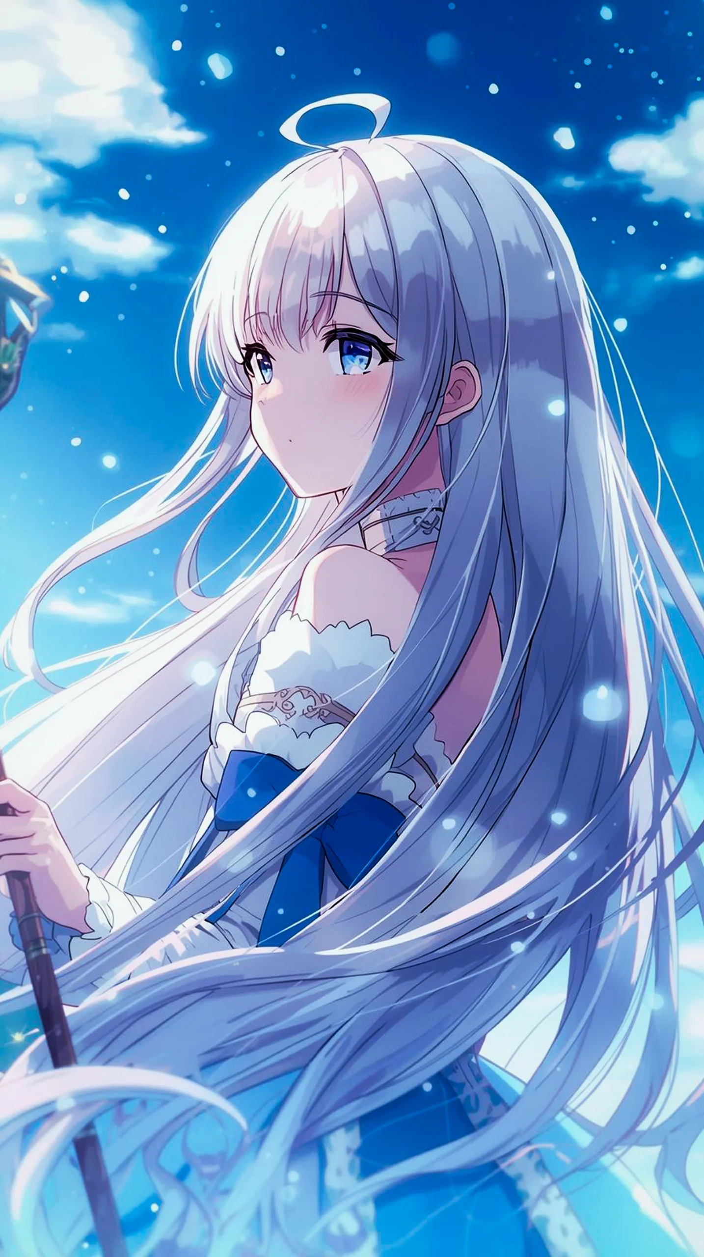 Anime girl with long white hair and blue eyes, wearing a blue dress, holding a staff. Sky background with clouds and