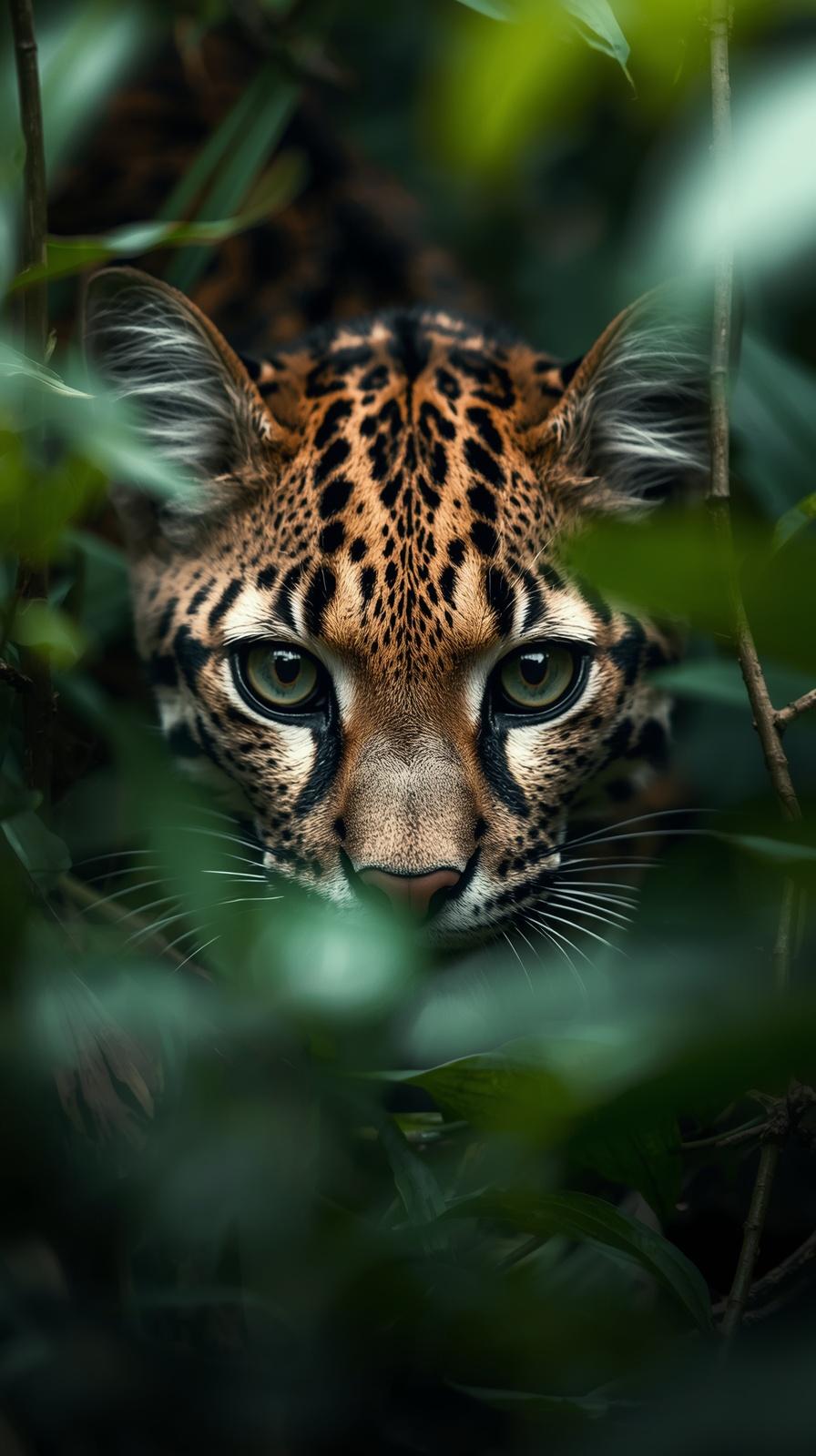 Ocelot peering through lush green jungle foliage with intense green eyes.