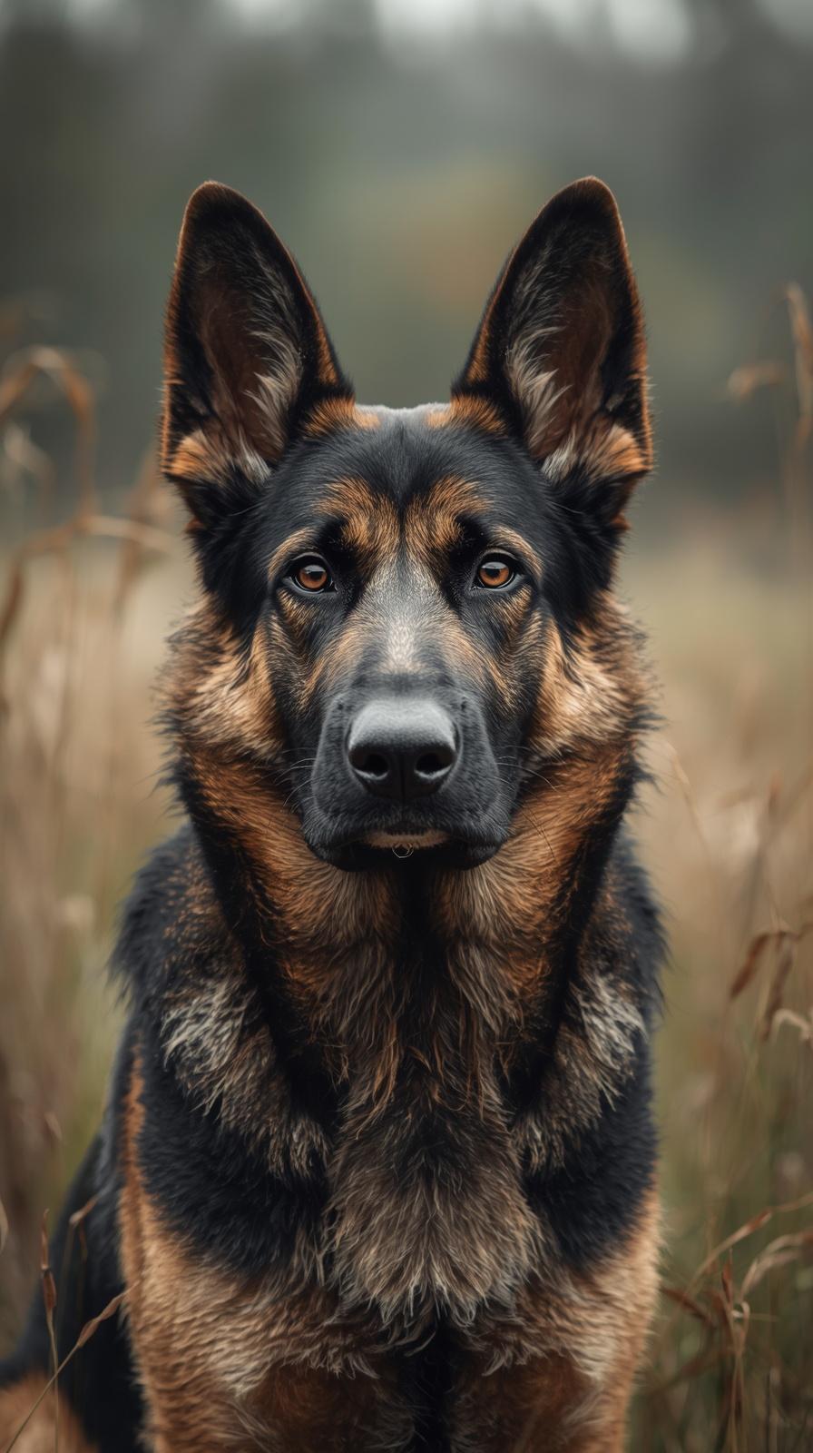 Majestic German Shepherd dog with a focused gaze in a natural outdoor field setting.