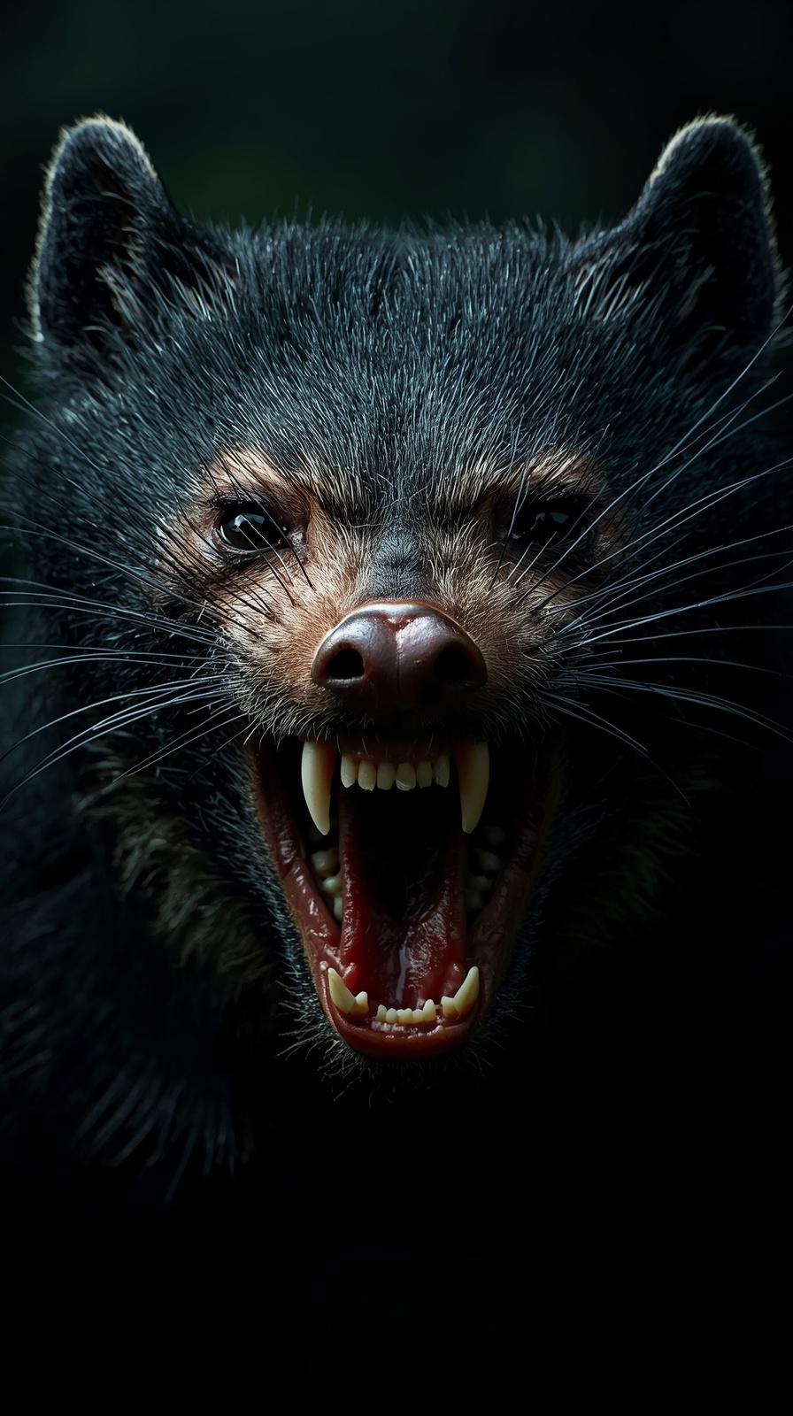 A fierce Tasmanian Devil with mouth wide open in a dark wildlife portrait.