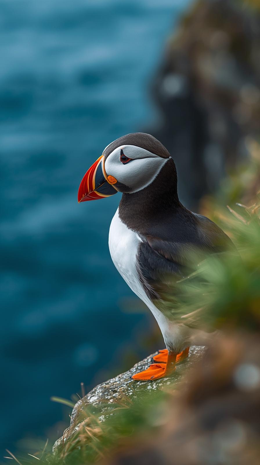 A colorful Atlantic puffin standing on a cliff edge overlooking the deep blue ocean.