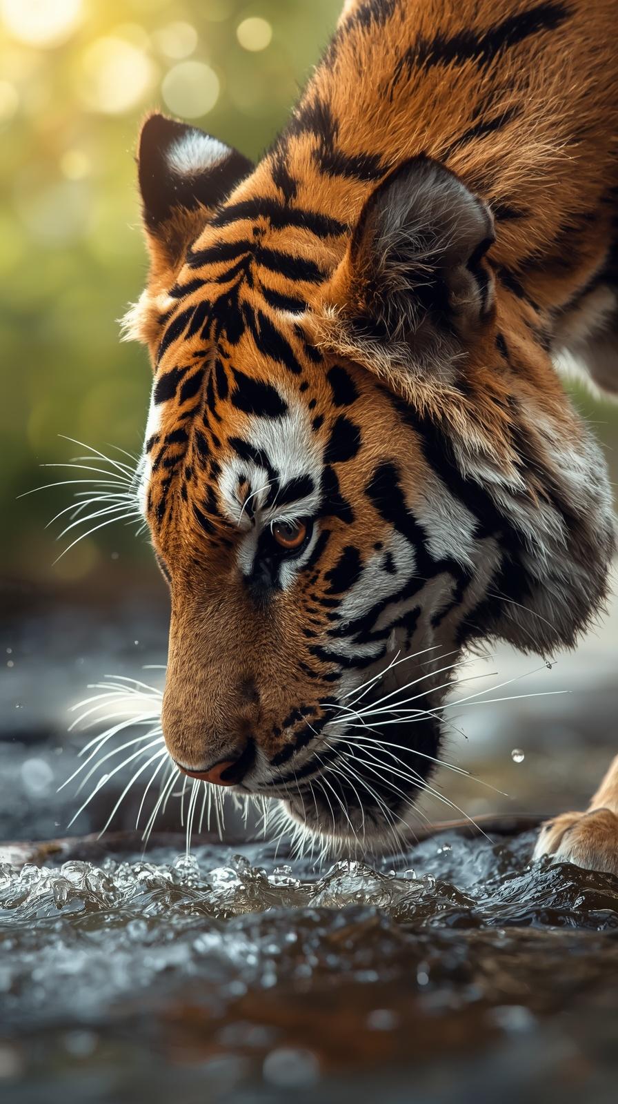 Majestic tiger drinking water, intense gaze, wild nature.