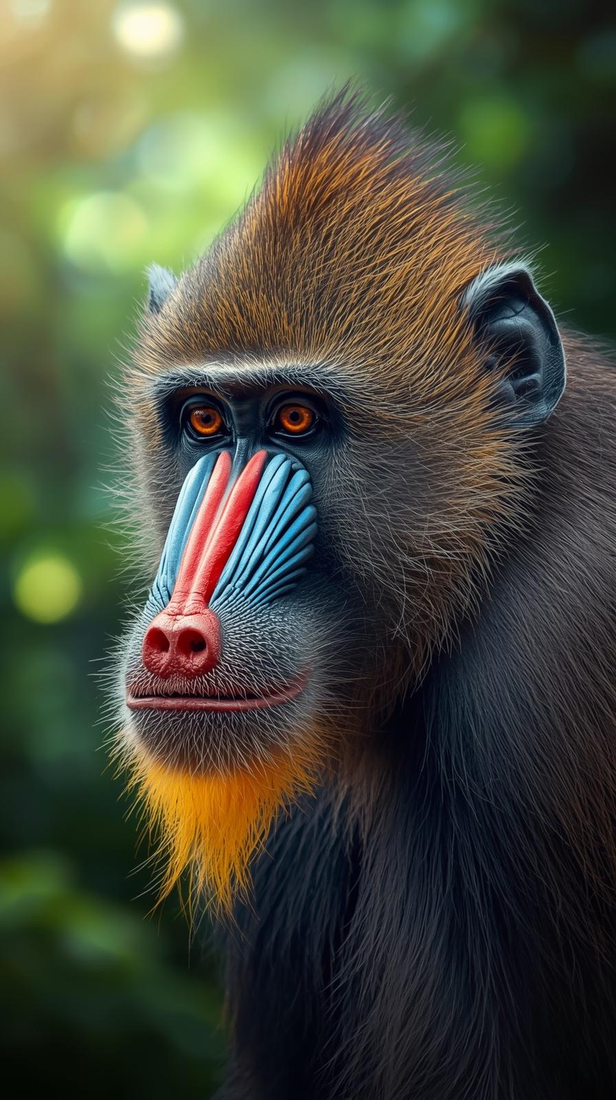 Detailed portrait of a majestic mandrill with vibrant facial colors in nature.