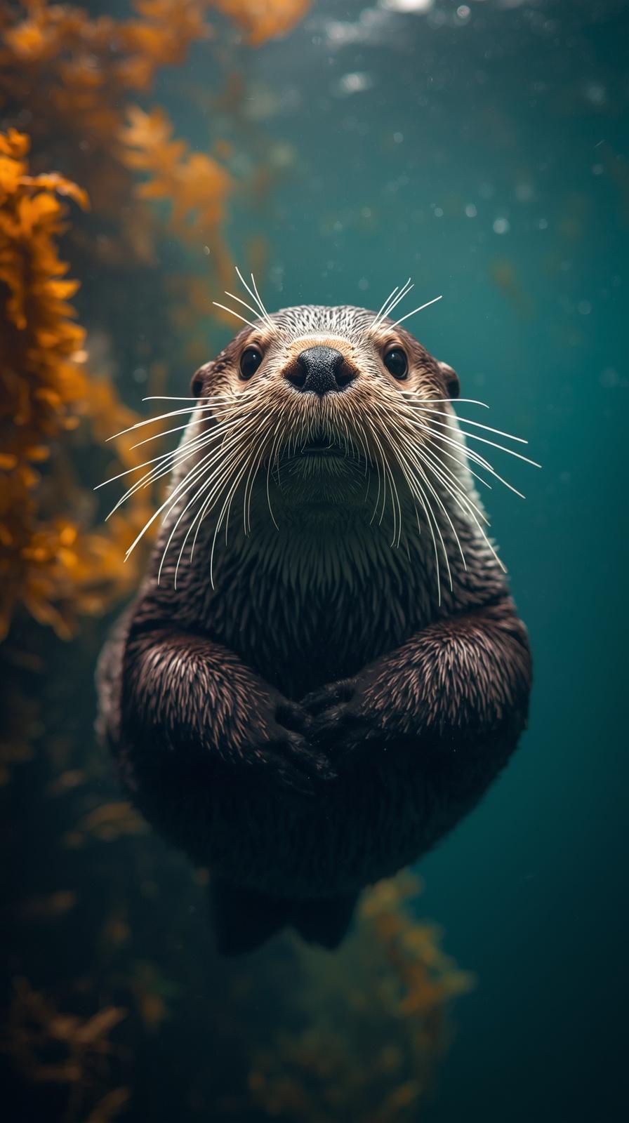 A curious otter swimming underwater with golden kelp in a serene deep blue ocean setting.