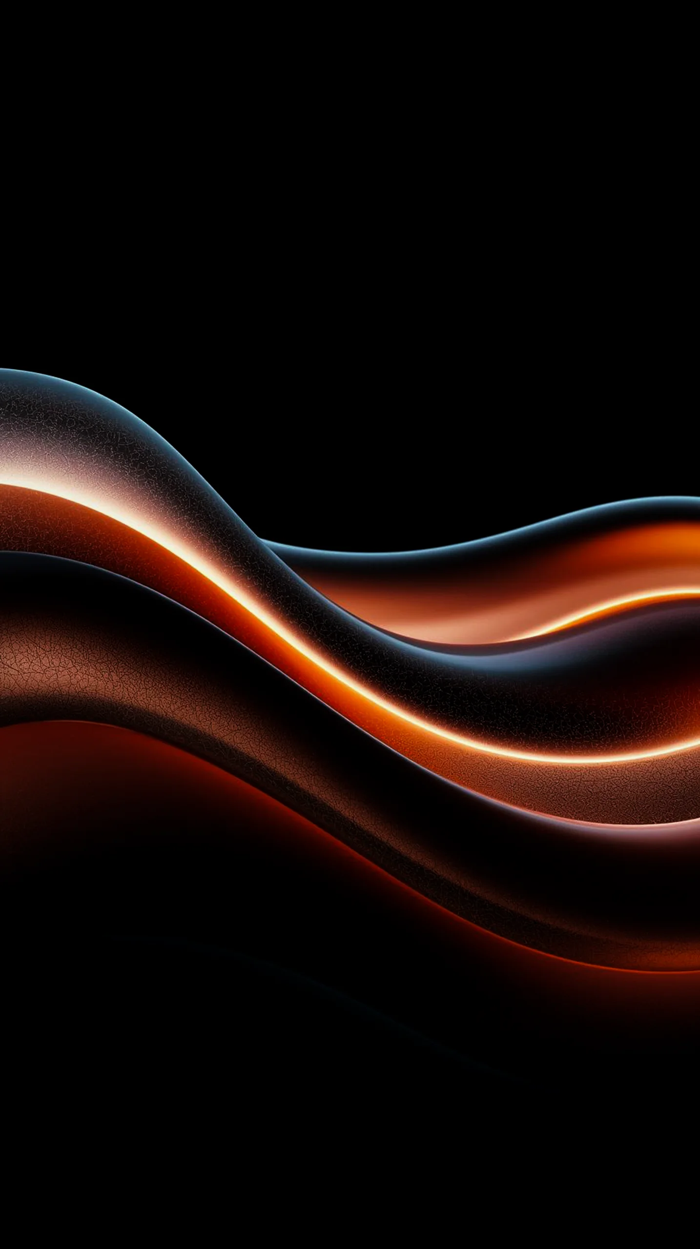 Abstract dark mobile wallpaper with glowing orange waves and textured surfaces.