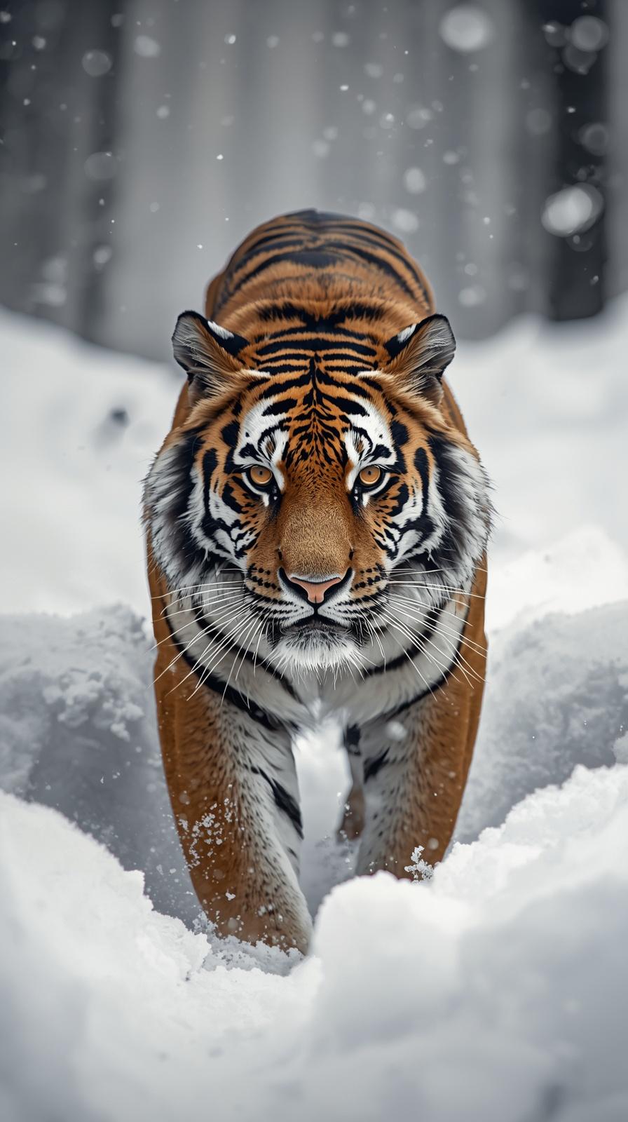A majestic tiger walking through deep snow in a serene, wintry forest setting.