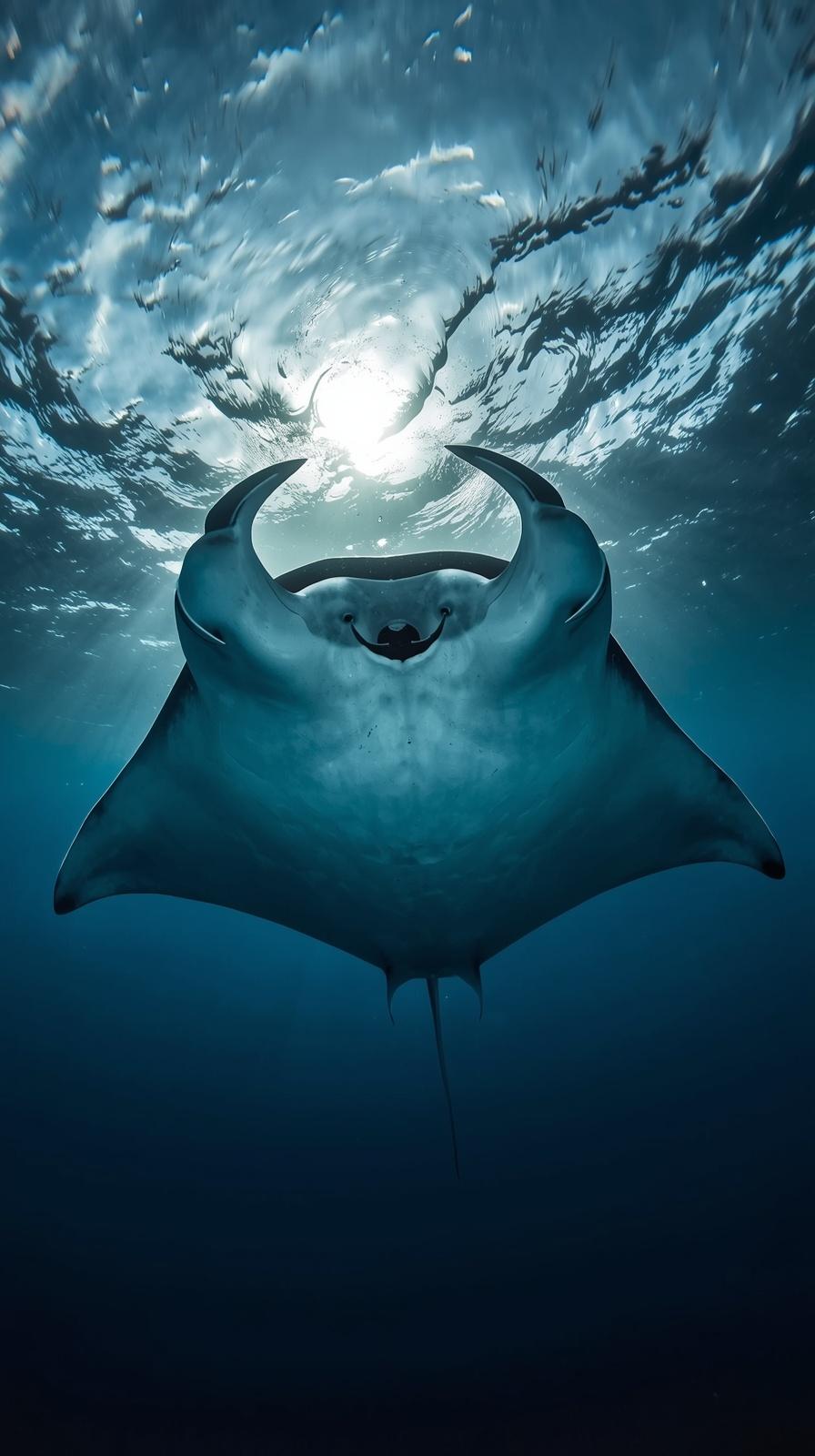 Majestic manta ray swimming gracefully under the shimmering blue ocean surface sunlight.