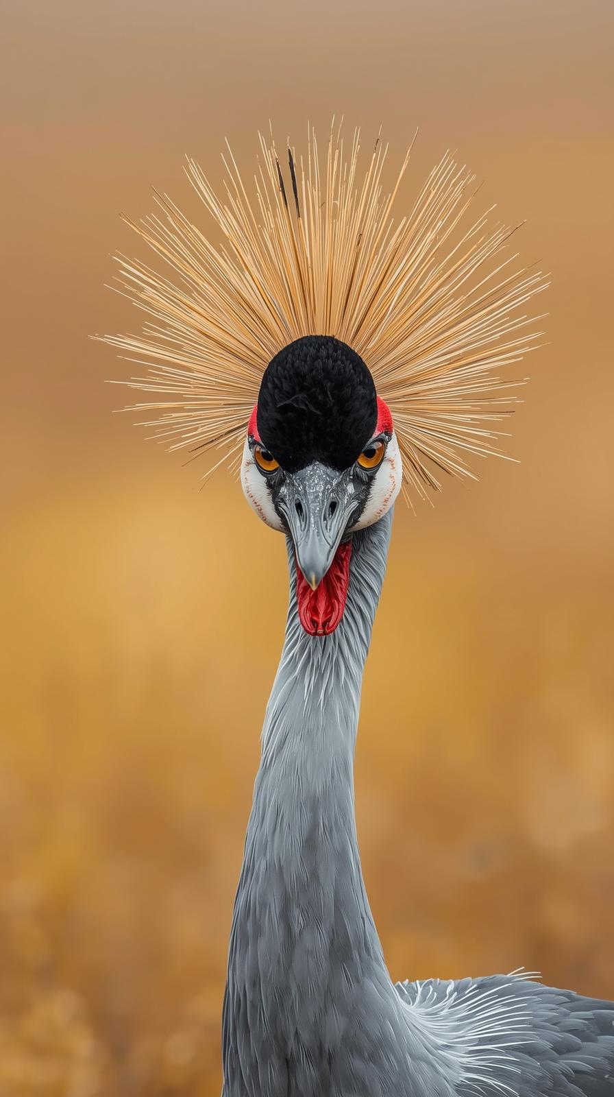 Close-up of a regal Grey Crowned Crane with a golden crest and intense eyes.