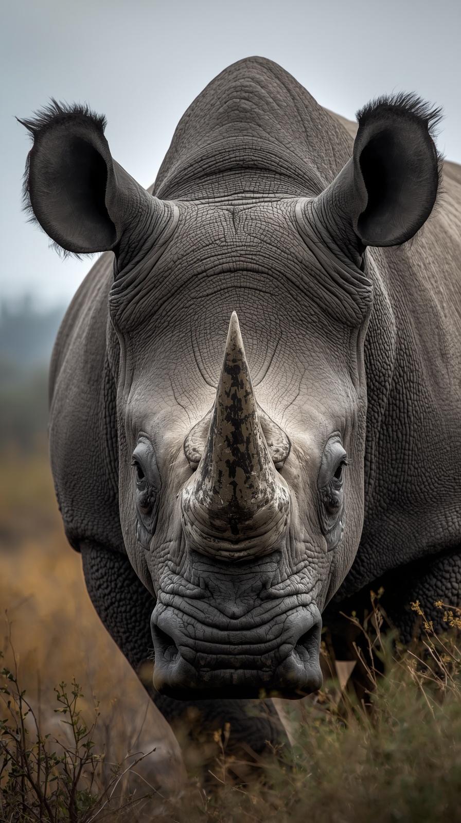 A majestic rhinoceros portrait looking directly at the camera in a natural habitat setting.