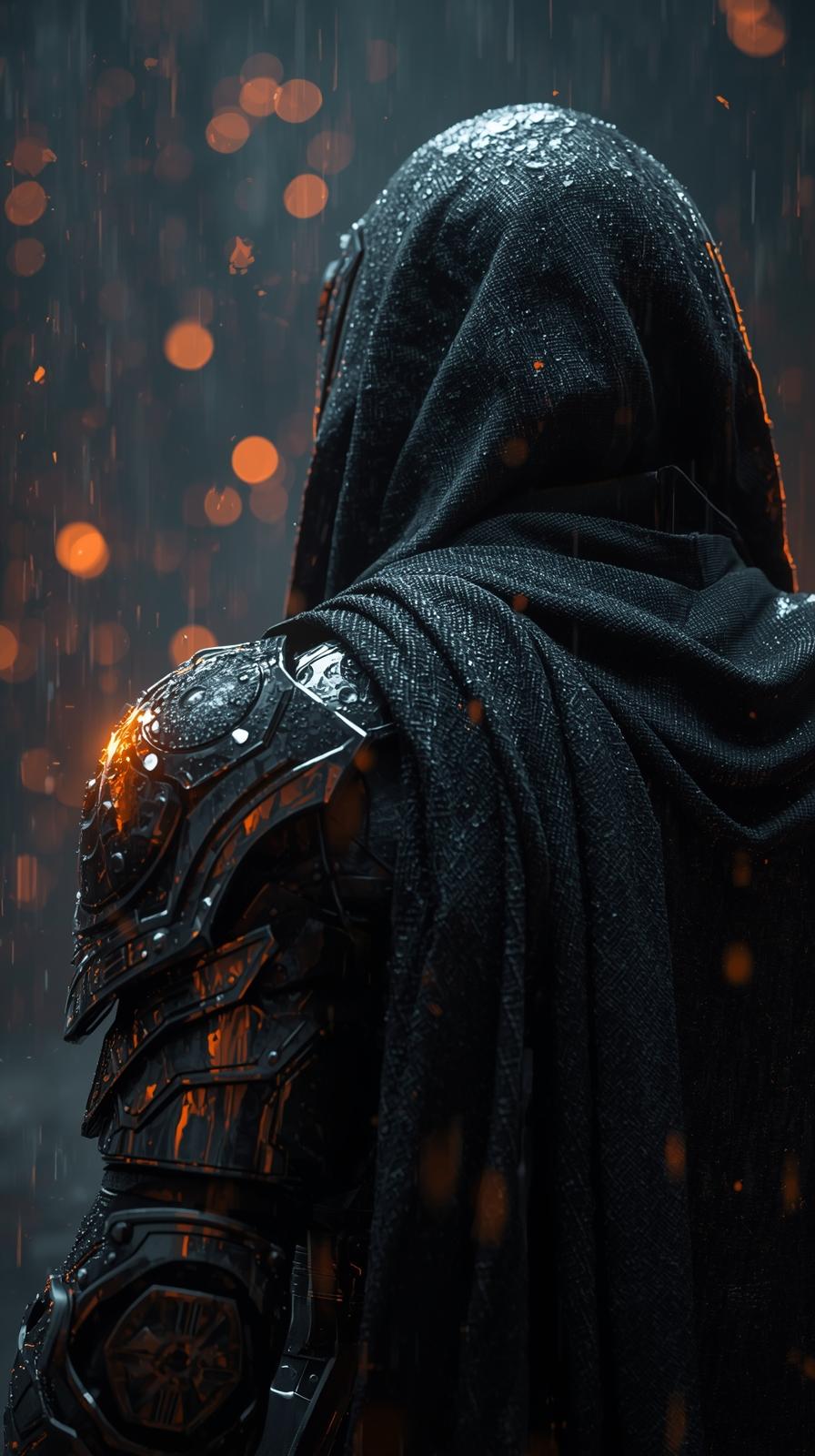 4k wallpaper for mobile Mysterious Hooded Warrior Rain-Soaked Black Cloak Chrome Armor Glowing Orange Highlights Dramati