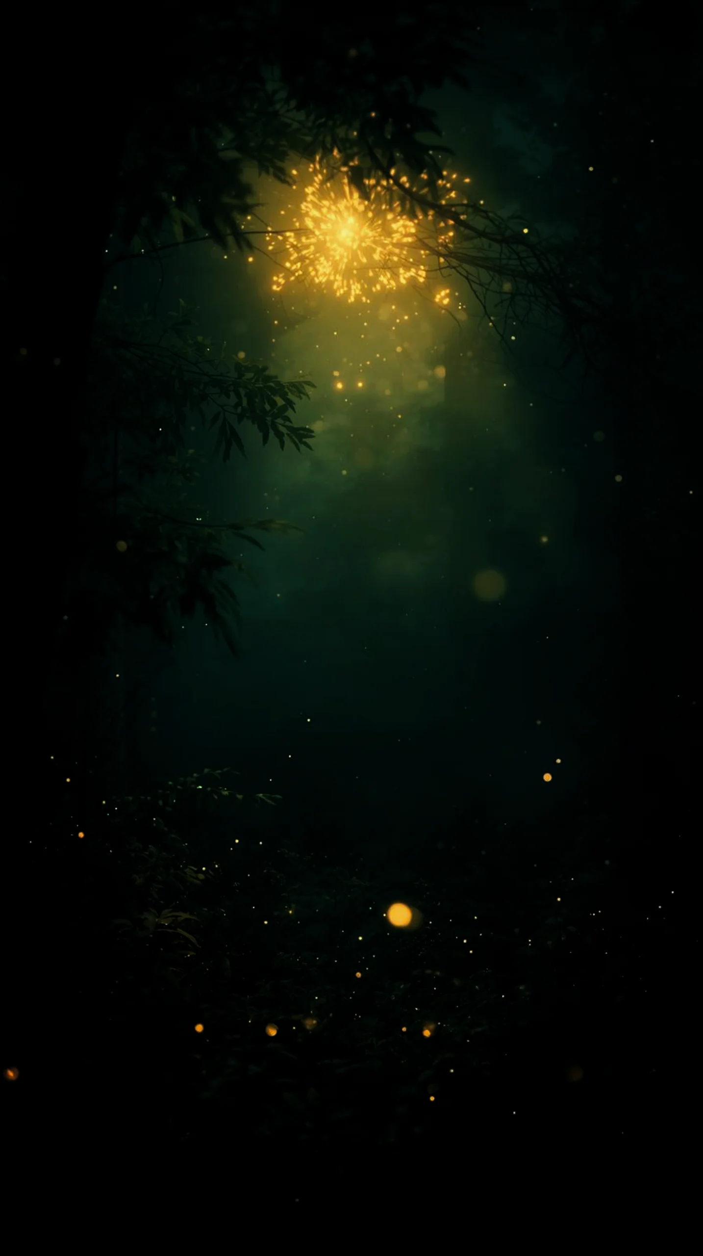 Enchanting forest scene with glowing lights, an AMOLED wallpaper 4K for mobile, iPhone wallpaper 4K, 4K wallpaper for