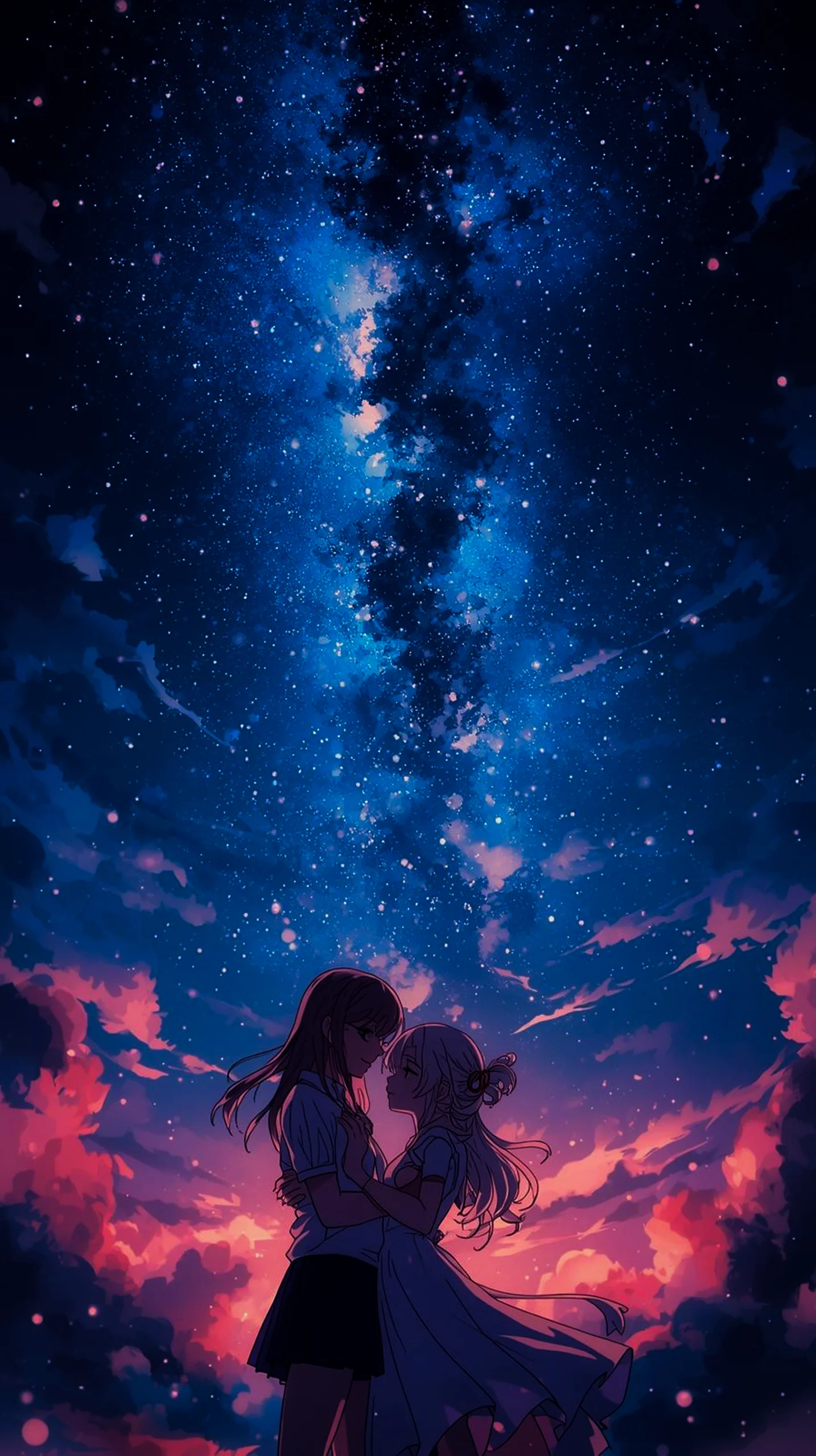 dreamy anime couple under starry sky wallpaper for phone 4K