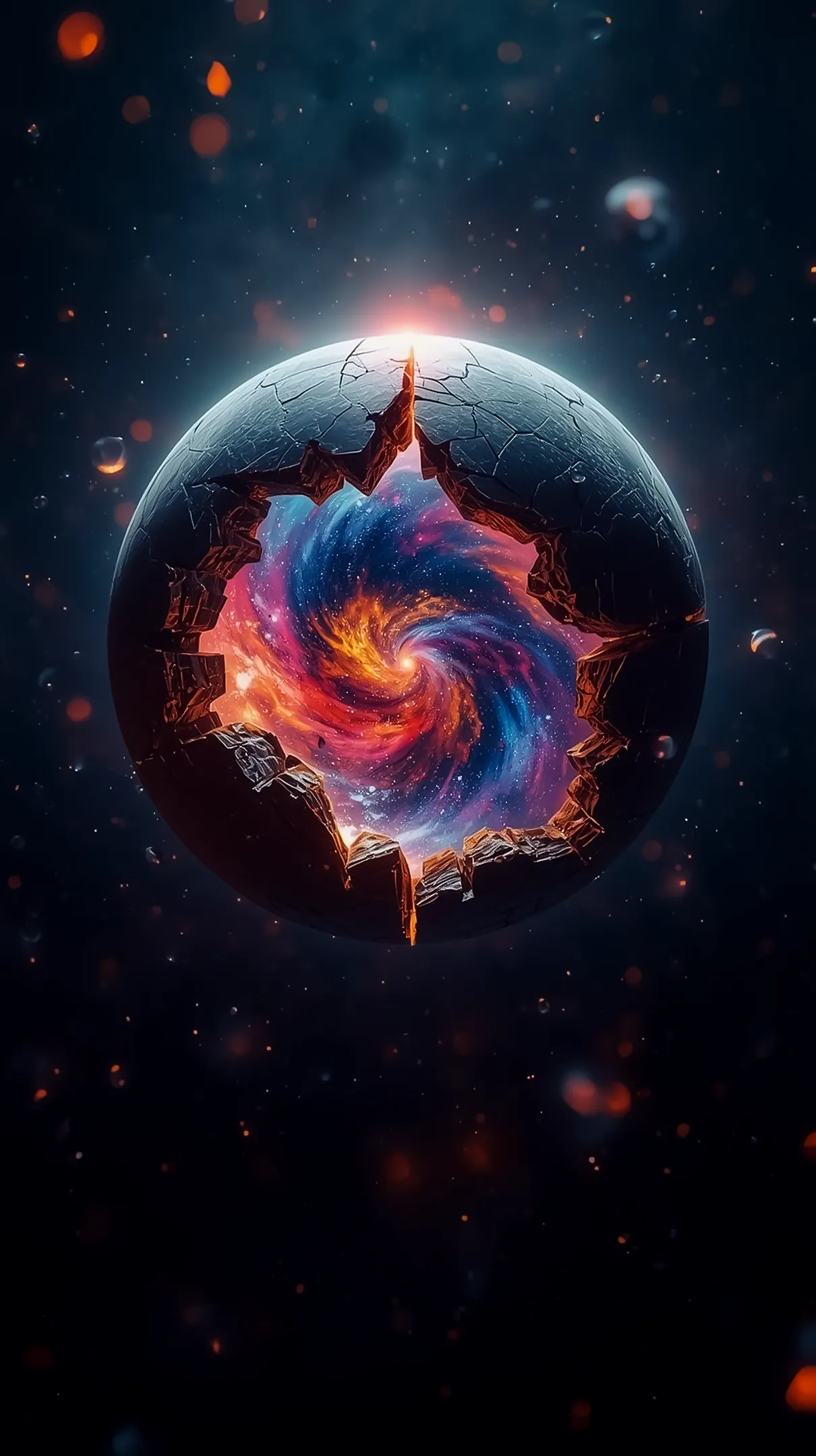 AMOLED wallpaper 4K for mobile with a cracked planet revealing a cosmic swirl. iPhone wallpaper 4K, 4K wallpaper for