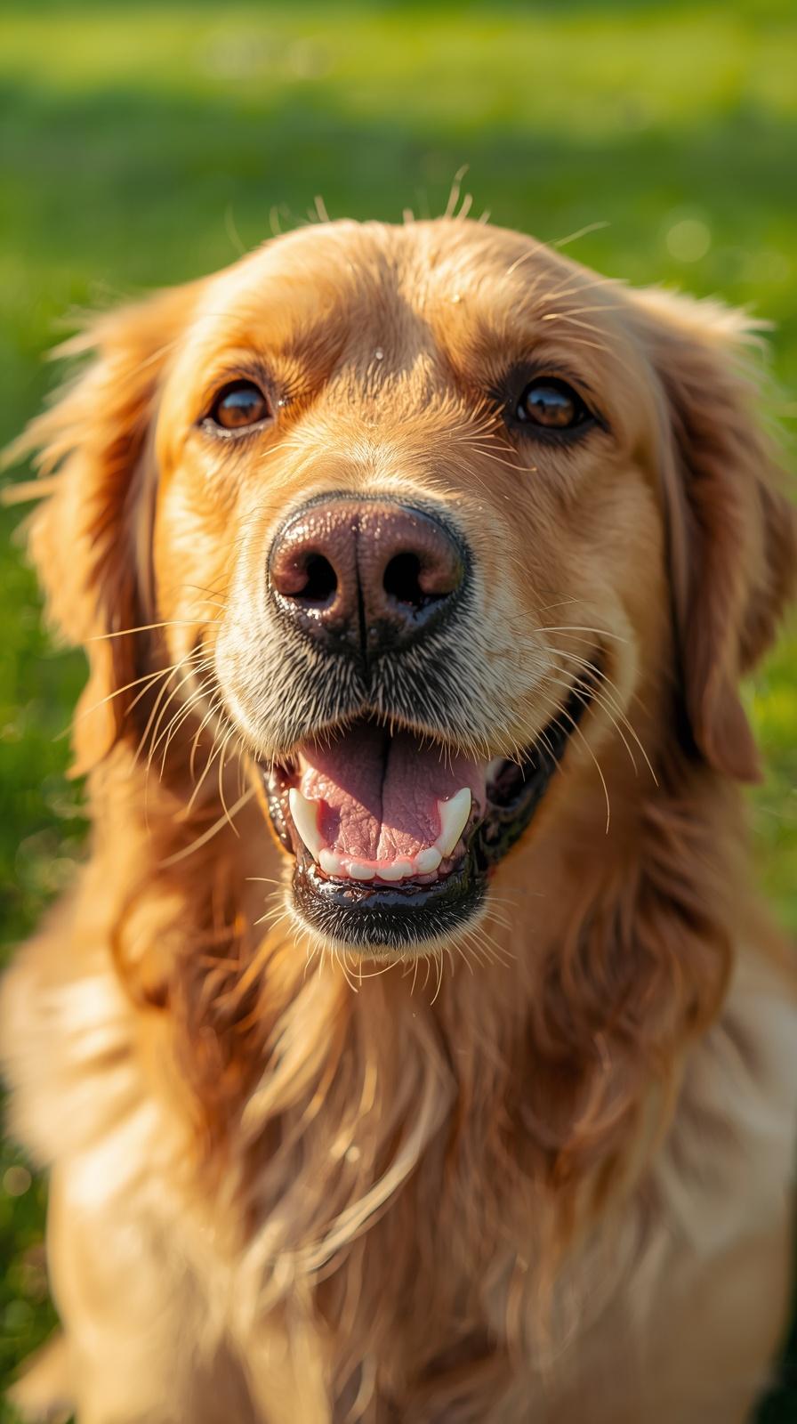 Happy golden retriever dog with its tongue out, outdoors on green grass.