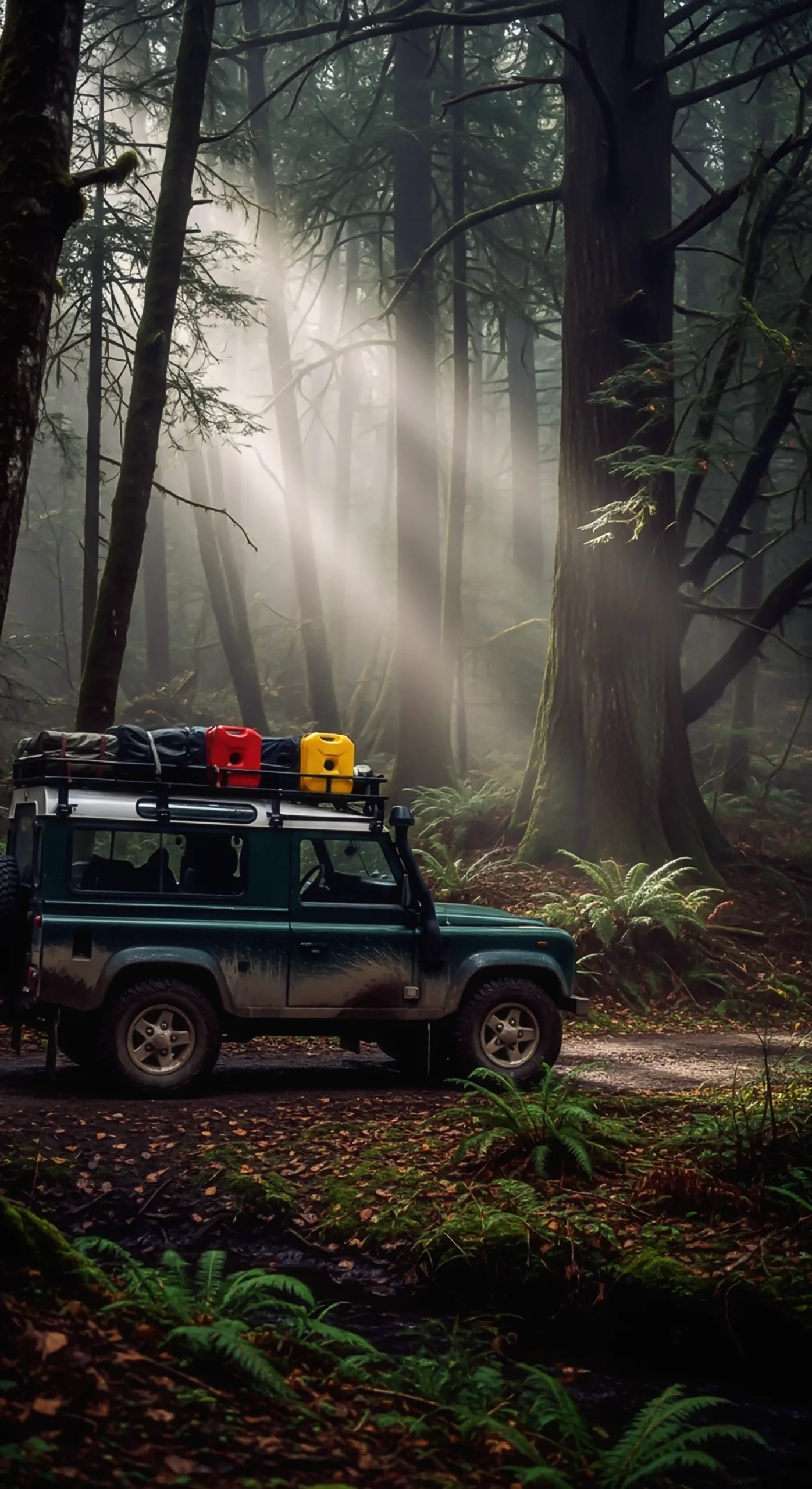 Car iPhone wallpaper 4K for mobile: Off-road vehicle in a misty forest with sunbeams.