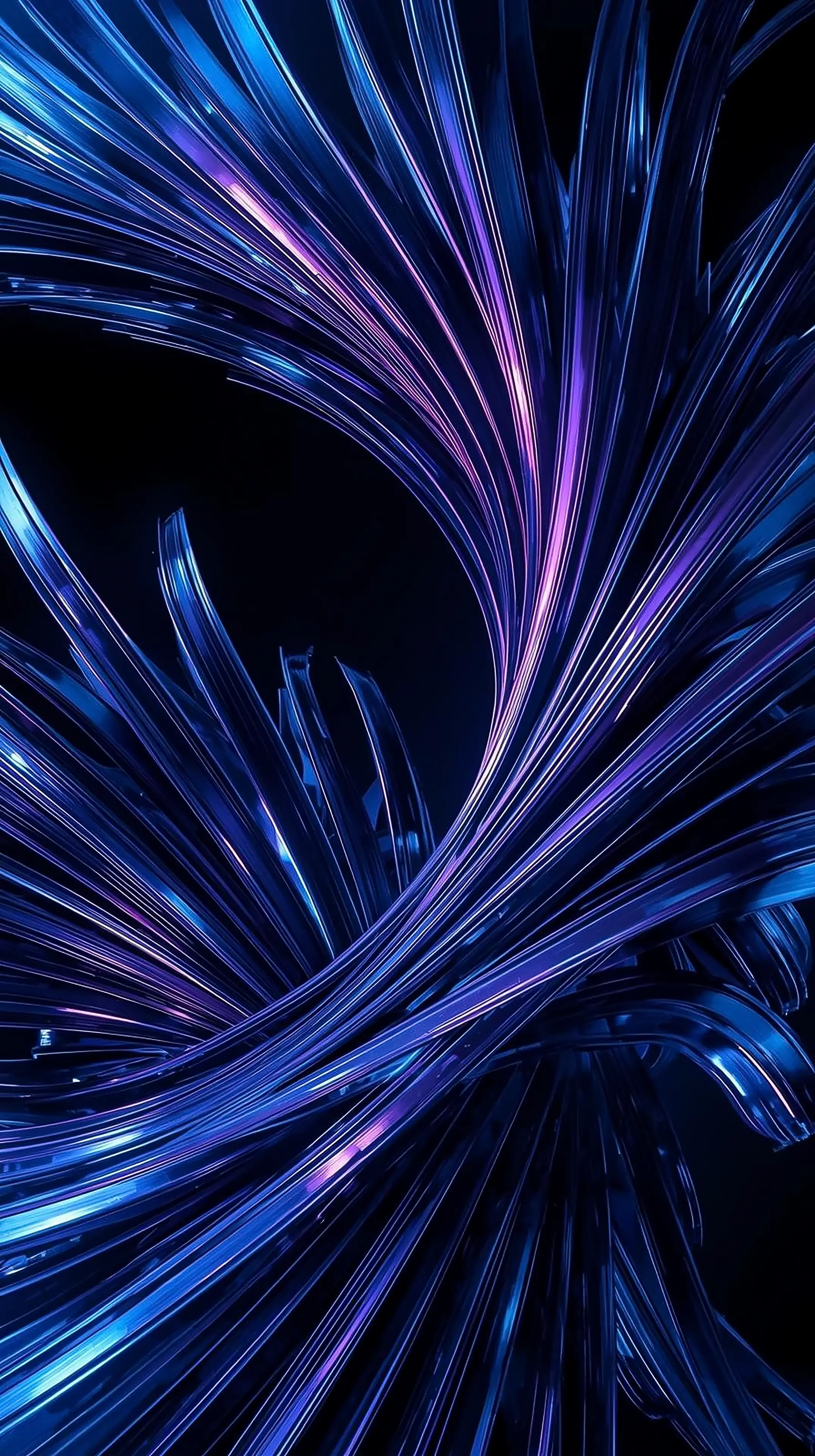 4k wallpaper for mobile Neon Blue Glass Fiber Strands, Futuristic Glowing Twisted Light Threads with Purple Highlights on Deep Black Background