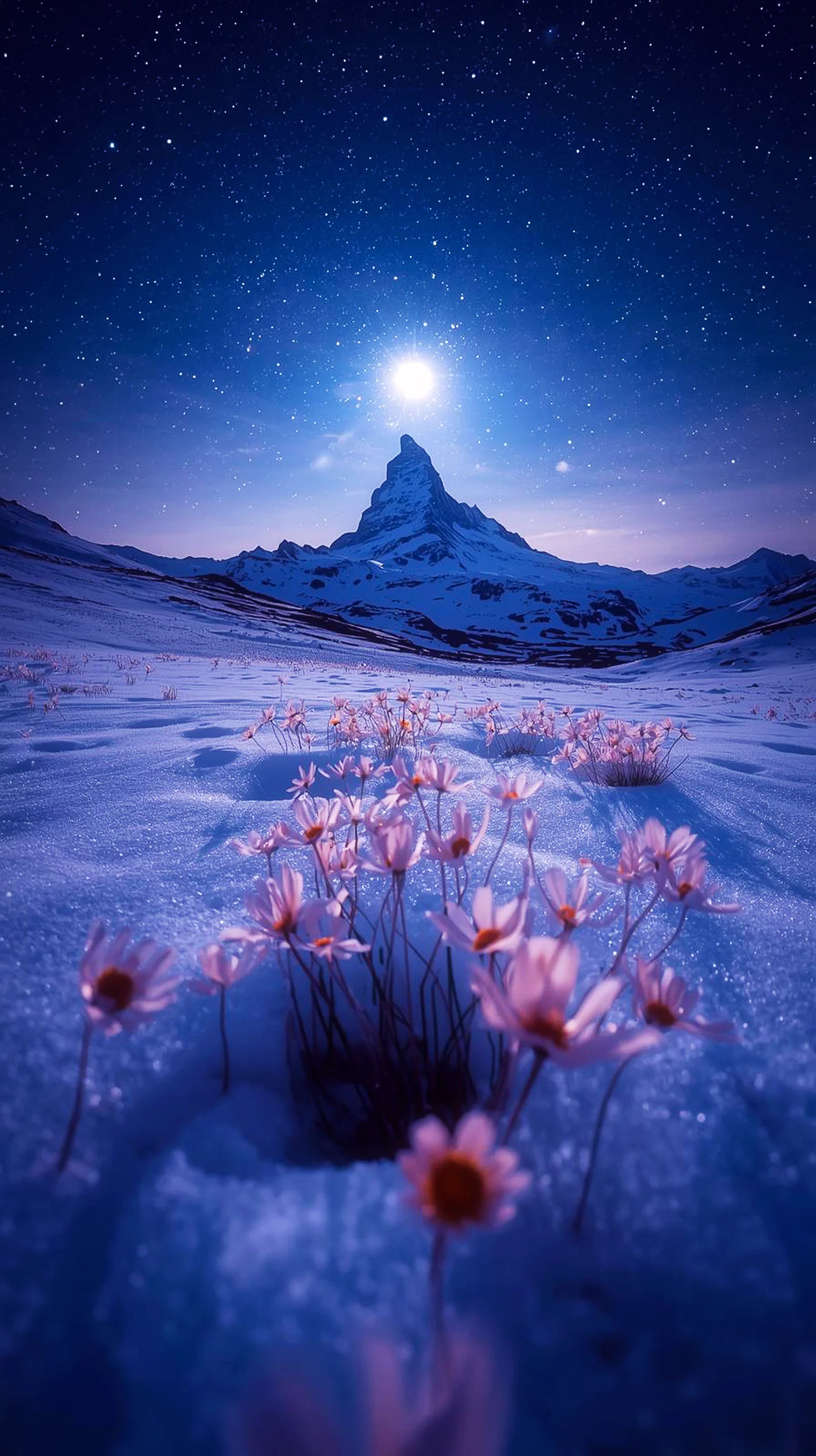 4K iPhone wallpaper of delicate pink flowers in snow under a starry night sky with a mountain peak. Perfect 4K
